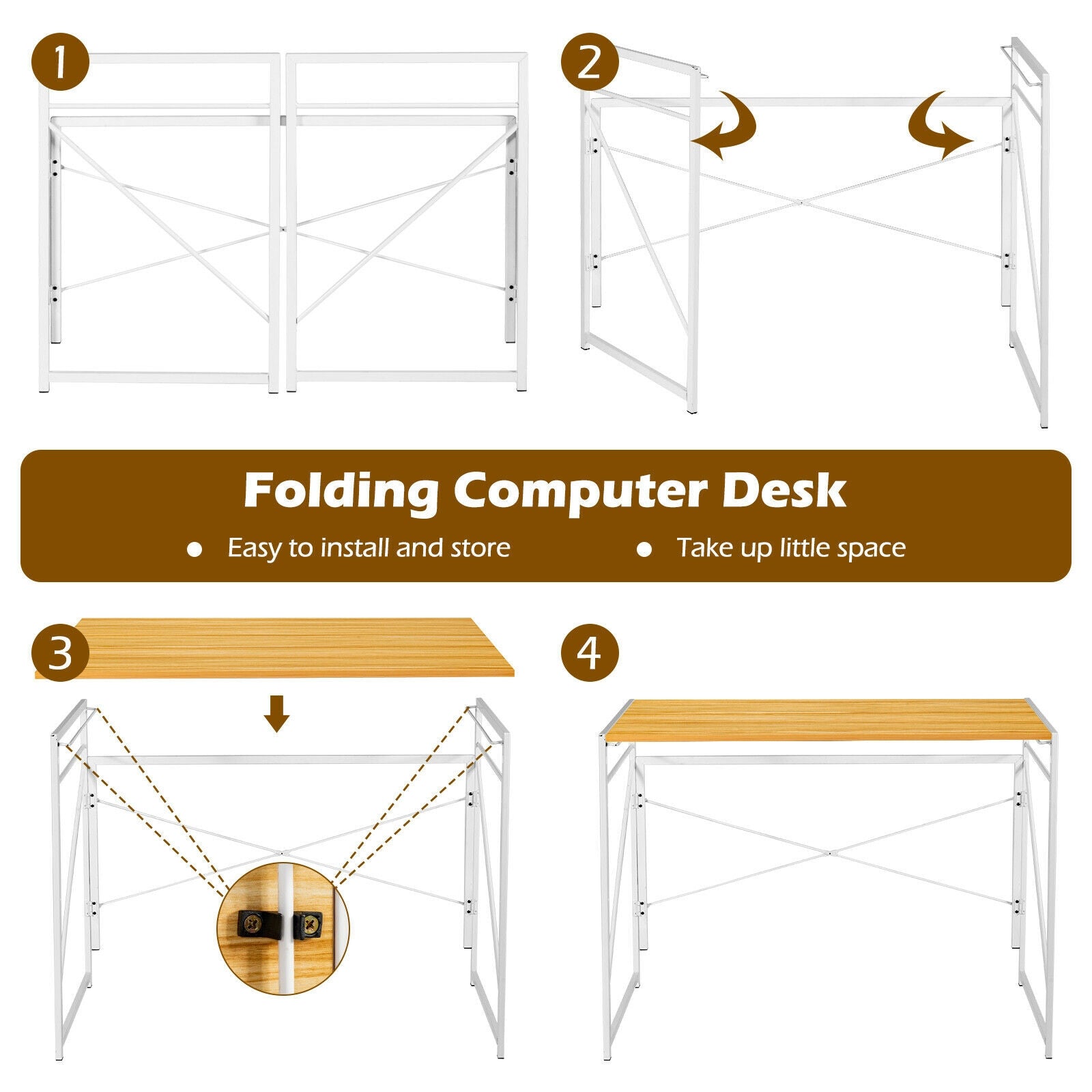 Folding Computer Desk Writing Study Desk Home Office with 6 Hooks-NaturalÂ