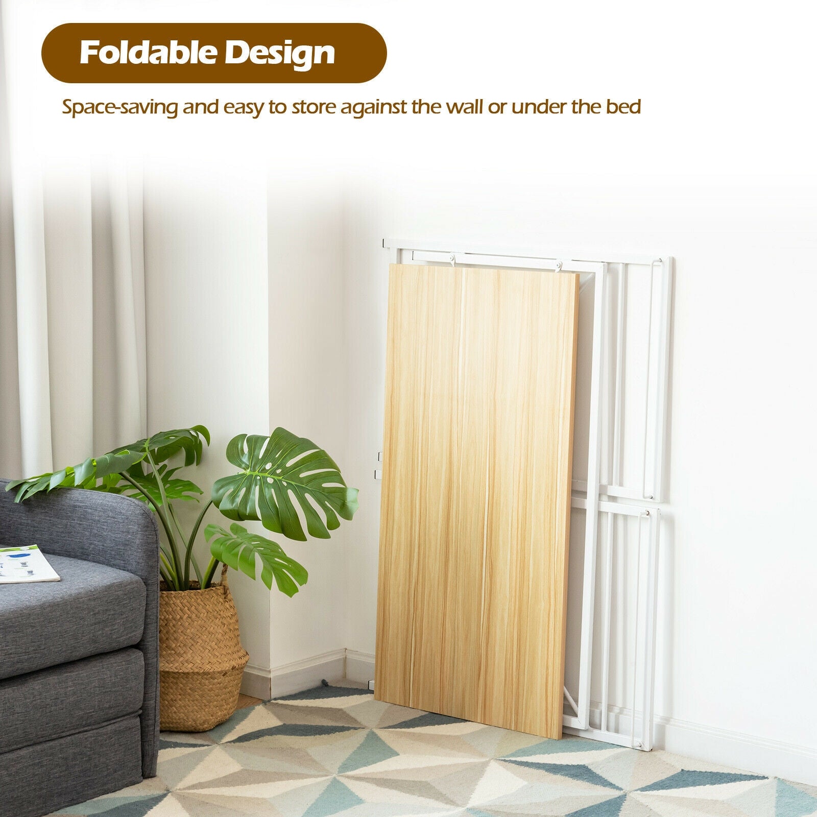 Folding Computer Desk Writing Study Desk Home Office with 6 Hooks-NaturalÂ