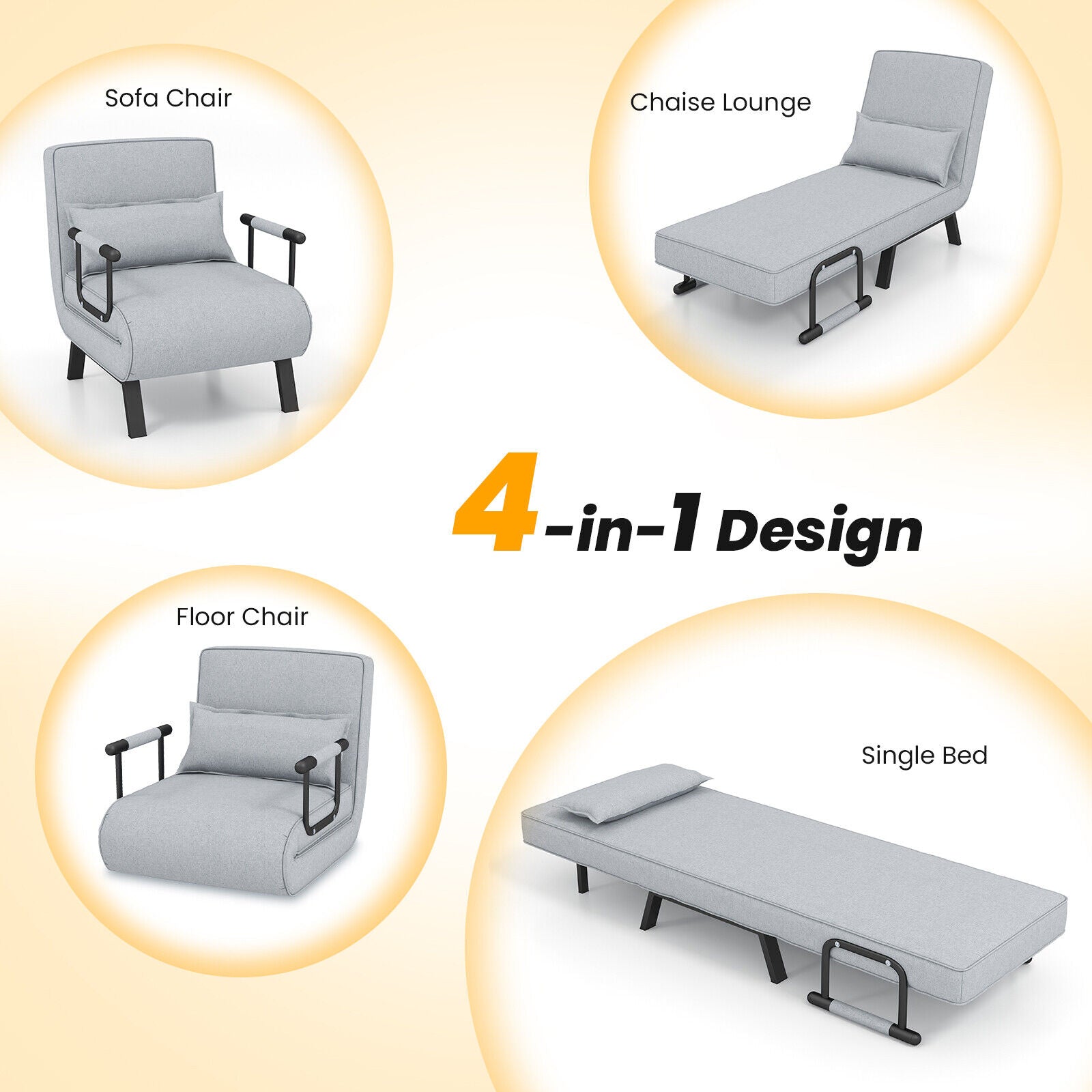 Folding 6 Position Convertible Sleeper Bed Armchair Lounge with Pillow-Light GrayÂ