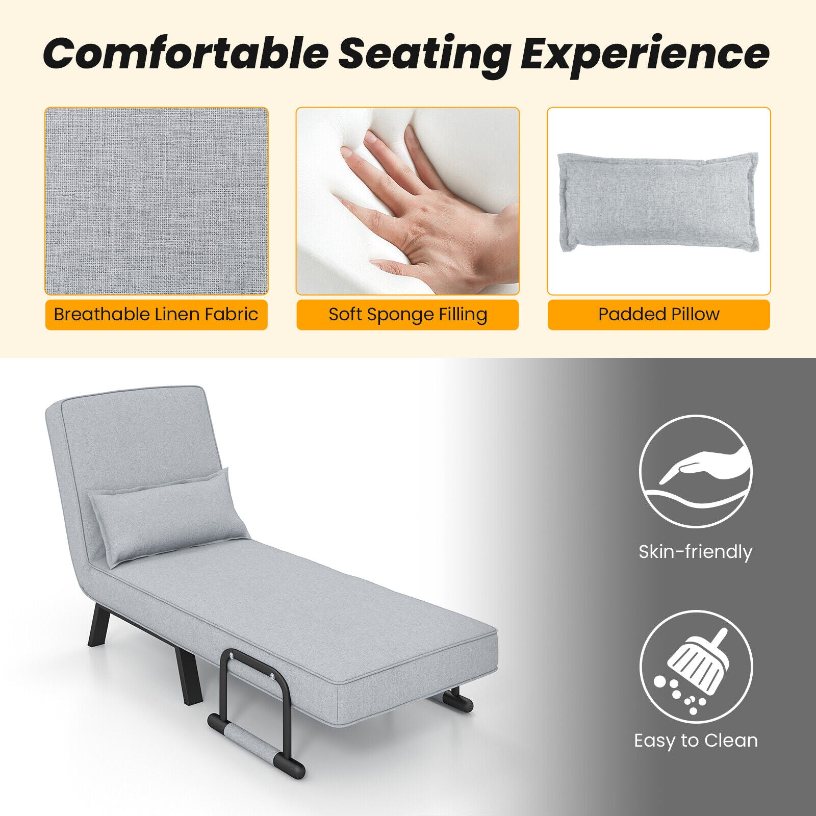 Folding 6 Position Convertible Sleeper Bed Armchair Lounge with Pillow-Light GrayÂ