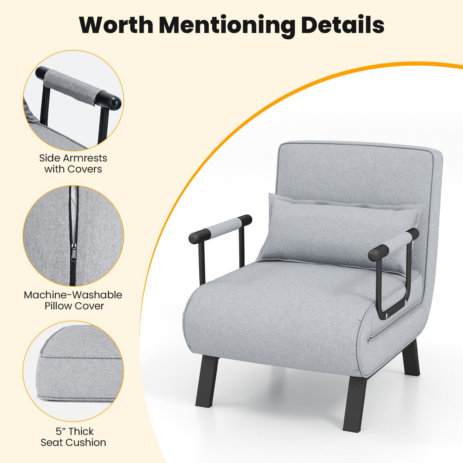 Folding 6 Position Convertible Sleeper Bed Armchair Lounge with Pillow-Light GrayÂ