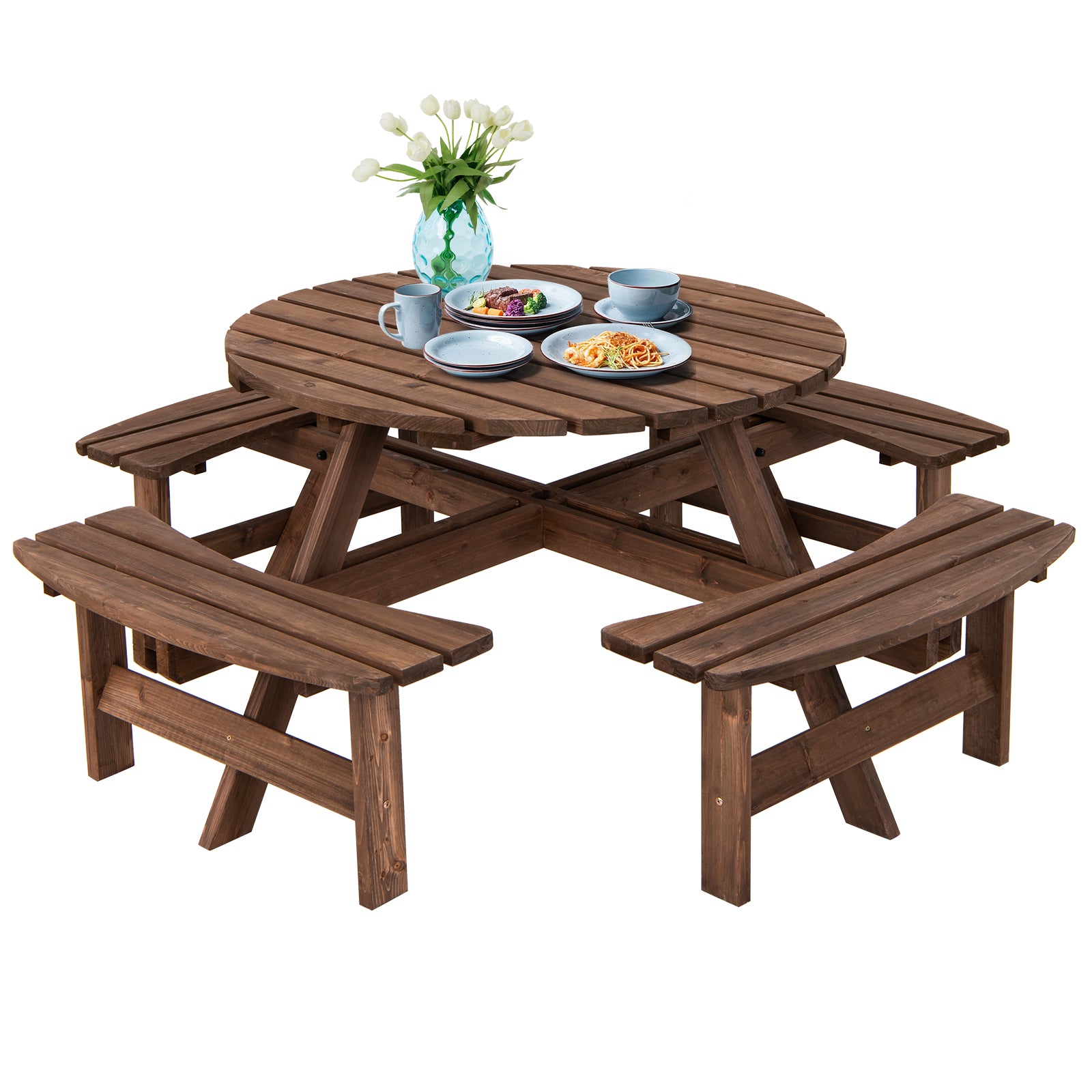 Patio 8 Seat Wood Picnic Dining Seat Bench SetÂ