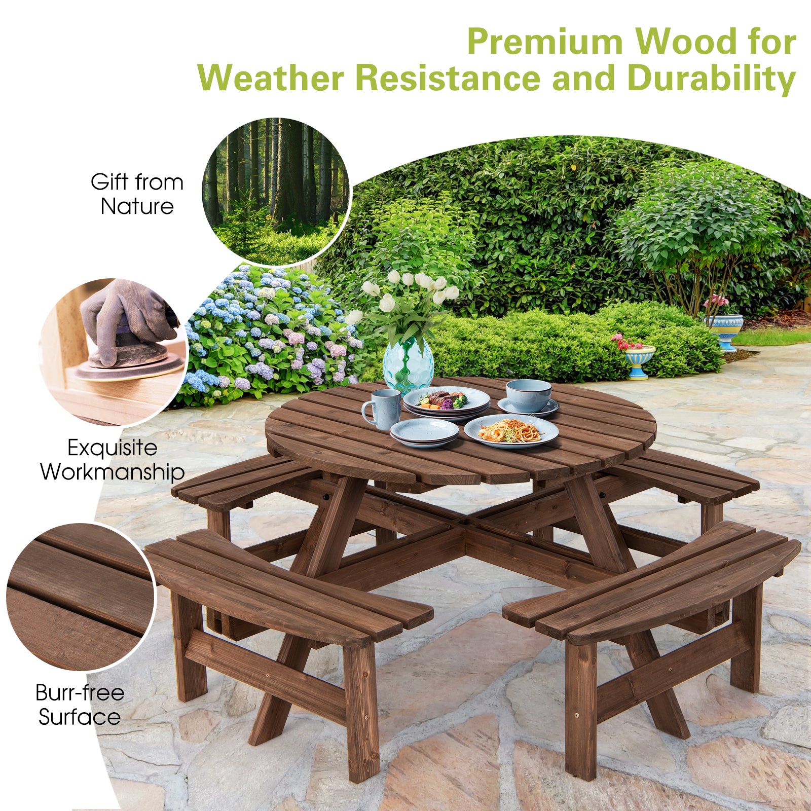 Patio 8 Seat Wood Picnic Dining Seat Bench SetÂ