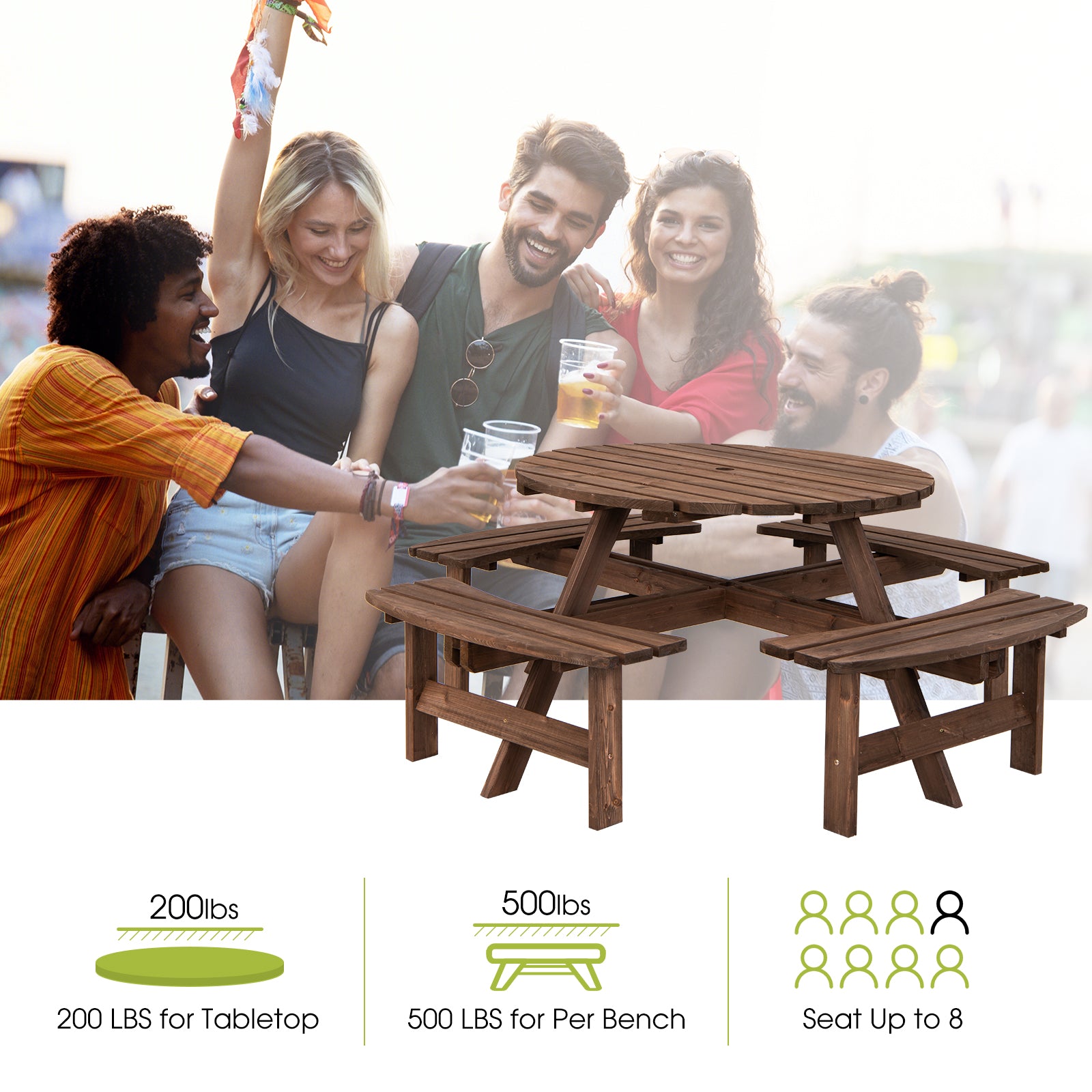 Patio 8 Seat Wood Picnic Dining Seat Bench SetÂ