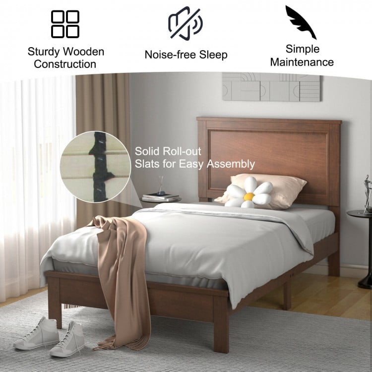 Twin Size Wooden Bed Frame with Headboard and Slat Support-Walnut