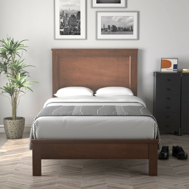 Twin Size Wooden Bed Frame with Headboard and Slat Support-Walnut