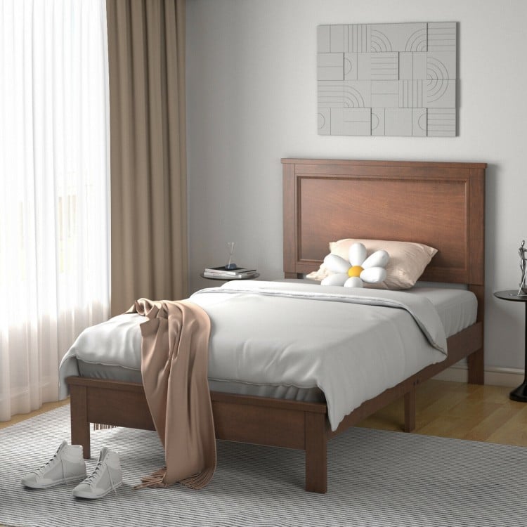 Twin Size Wooden Bed Frame with Headboard and Slat Support-Walnut