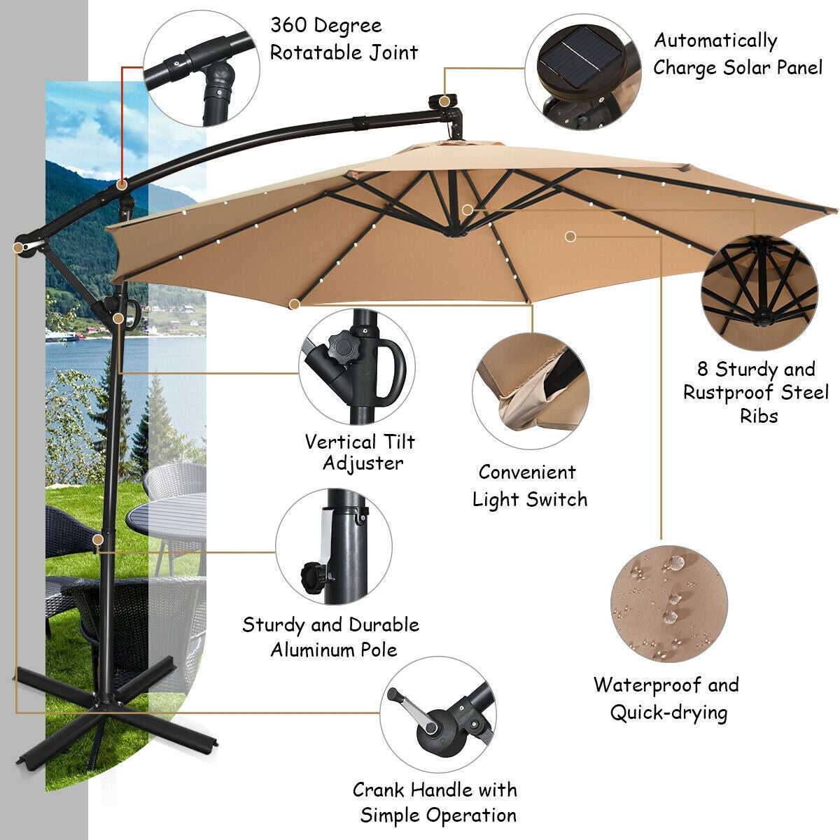 10 ft 360° Rotation Solar Powered LED Patio Offset Umbrella without Weight Base-BeigeÂ
