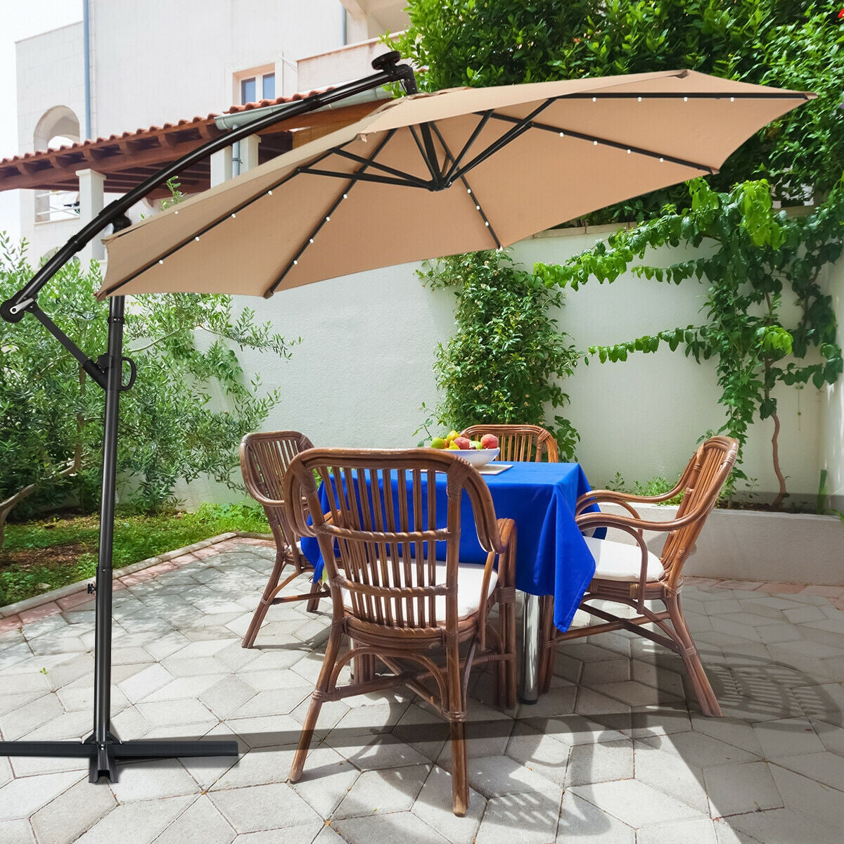 10 ft 360° Rotation Solar Powered LED Patio Offset Umbrella without Weight Base-BeigeÂ