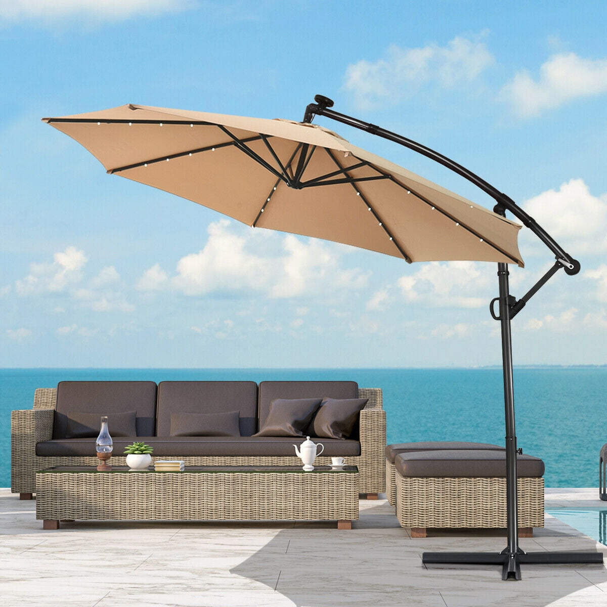 10 ft 360° Rotation Solar Powered LED Patio Offset Umbrella without Weight Base-BeigeÂ