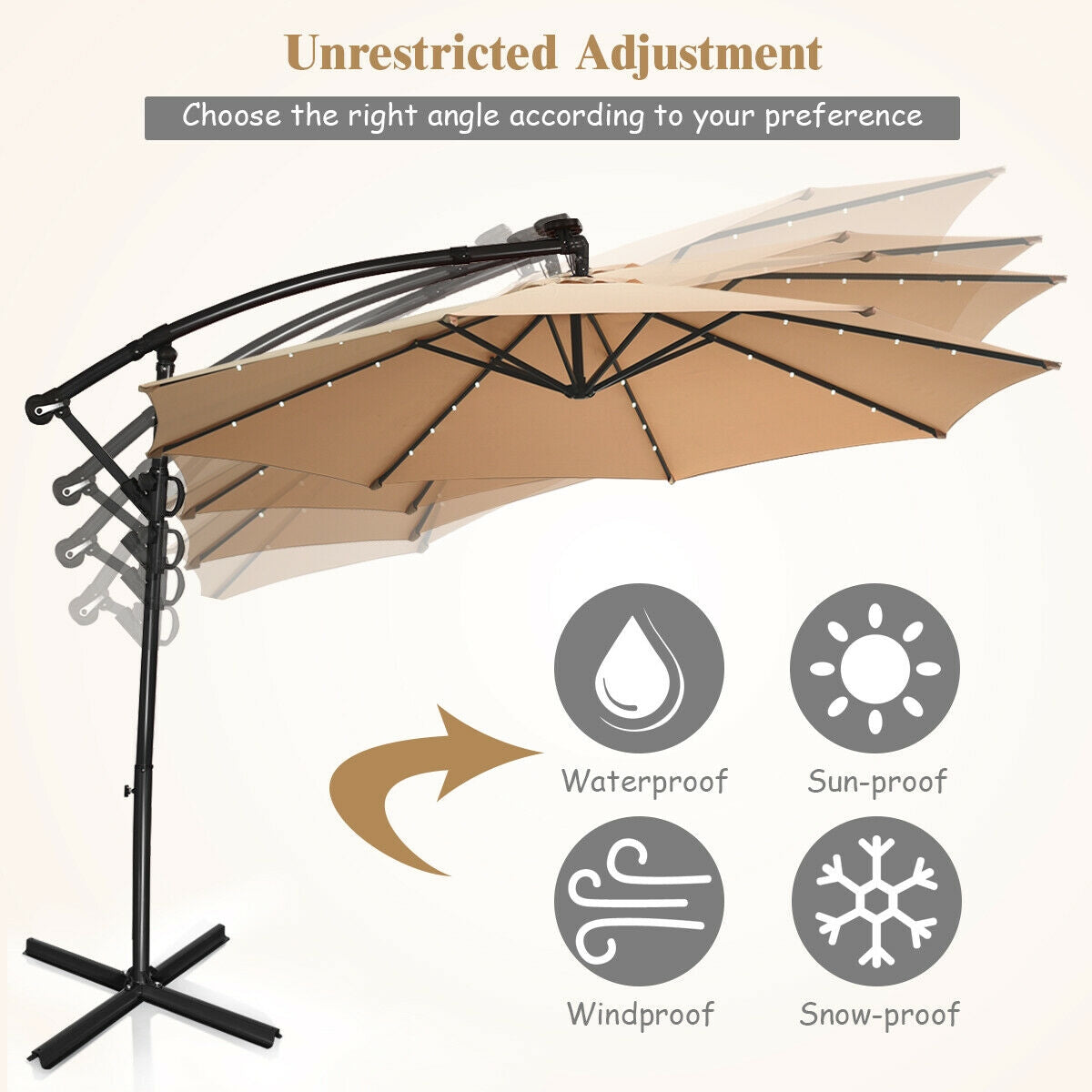 10 ft 360° Rotation Solar Powered LED Patio Offset Umbrella without Weight Base-BeigeÂ