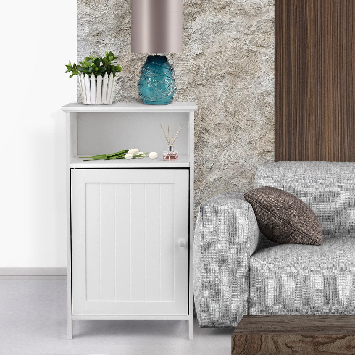 Bathroom Freestanding  Adjustable Shelf Floor Storage Cabinet-WhiteÂ