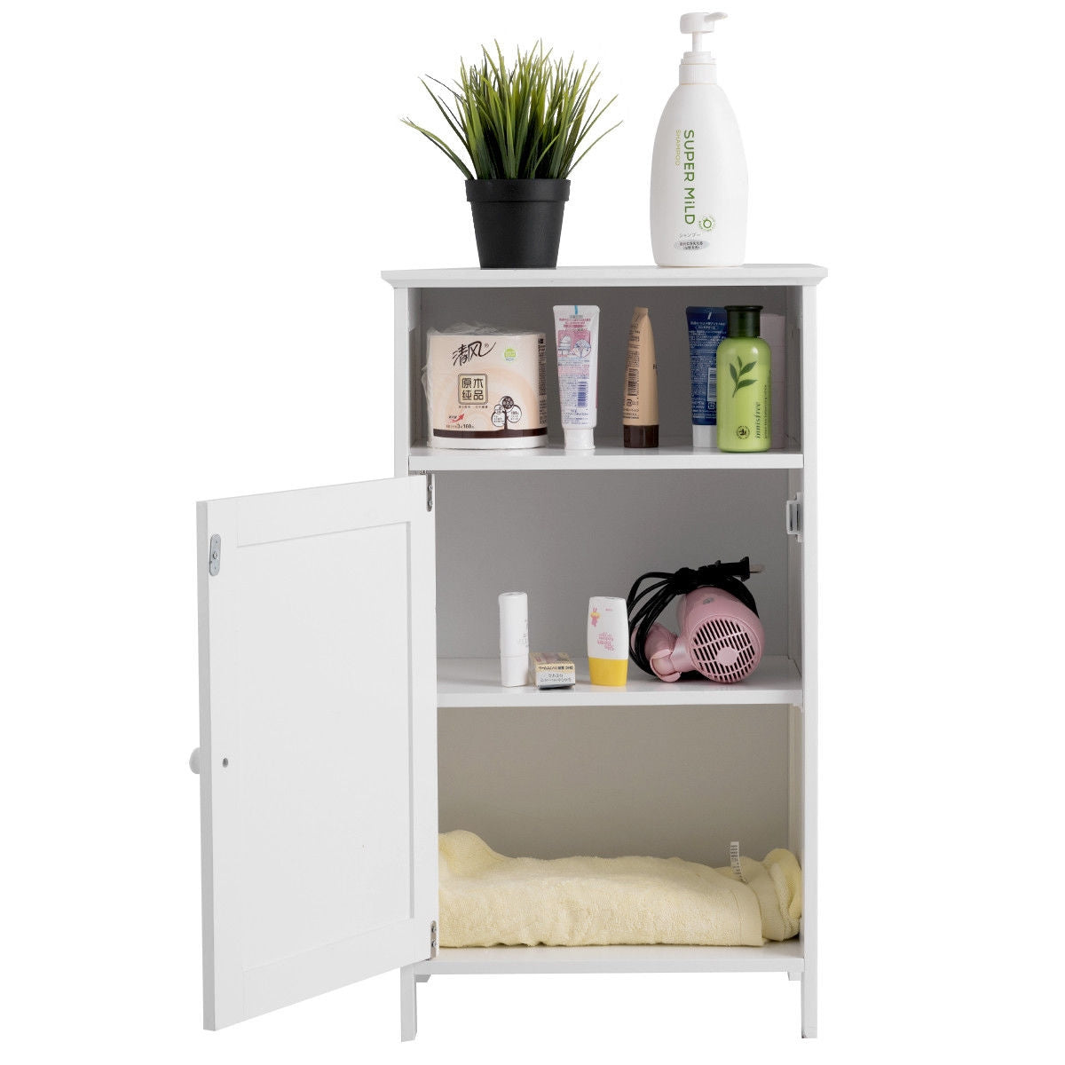 Bathroom Freestanding  Adjustable Shelf Floor Storage Cabinet-WhiteÂ