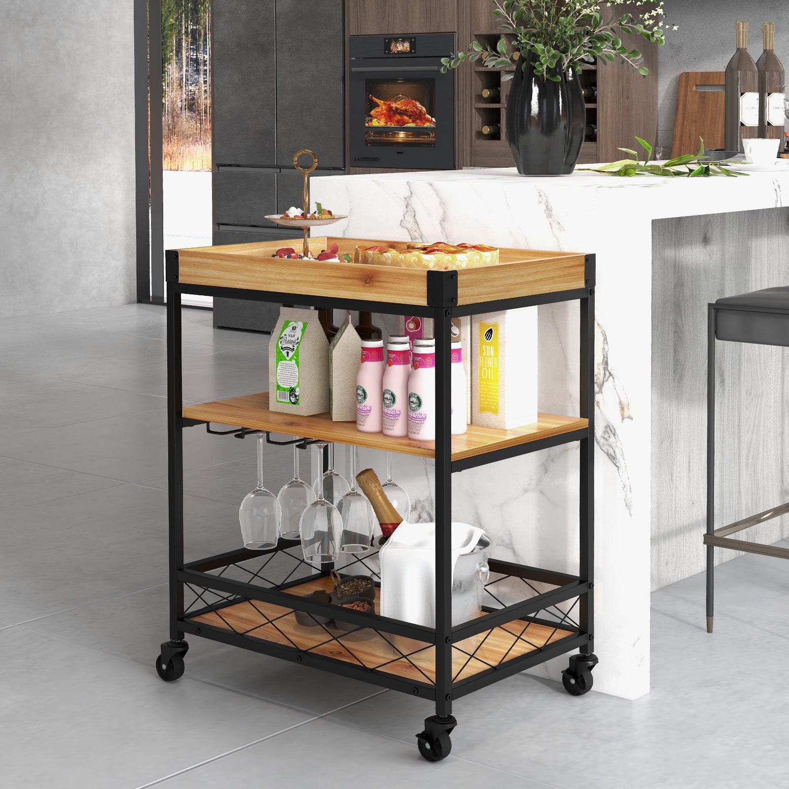 3 Tiers Industrial Bar Serving Cart with Utility Shelf and Handle RacksÂ