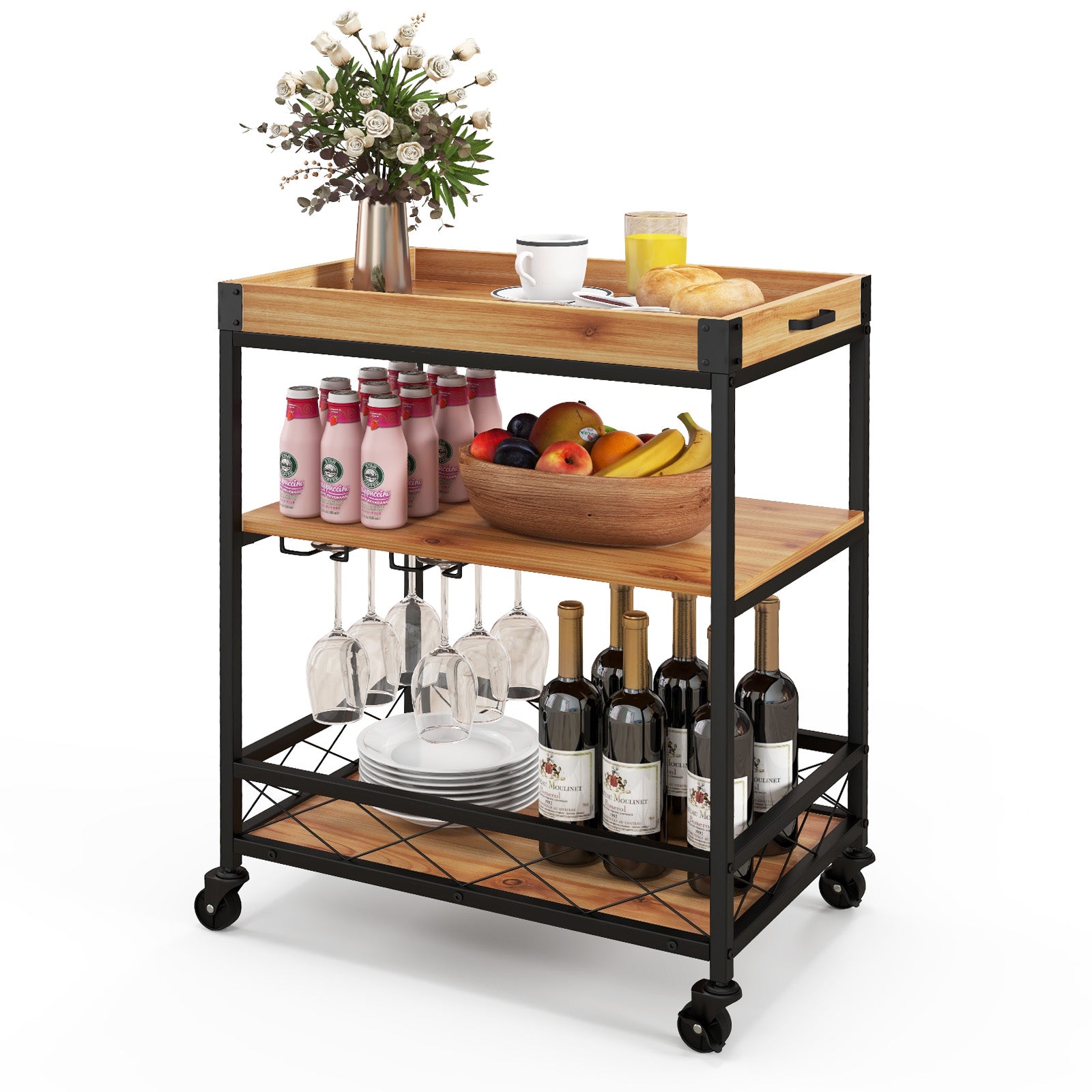 3 Tiers Industrial Bar Serving Cart with Utility Shelf and Handle RacksÂ