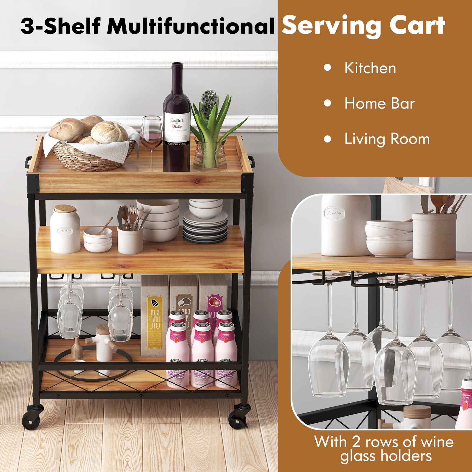 3 Tiers Industrial Bar Serving Cart with Utility Shelf and Handle RacksÂ