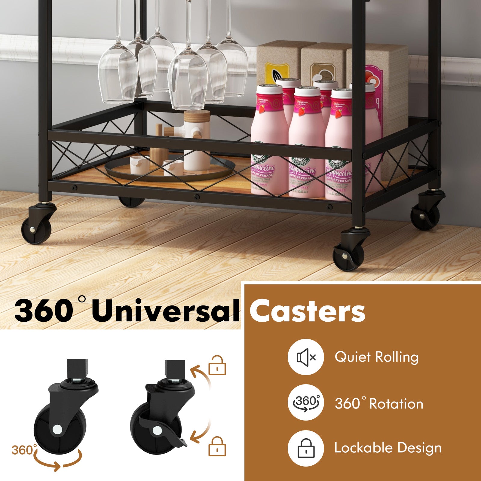 3 Tiers Industrial Bar Serving Cart with Utility Shelf and Handle RacksÂ