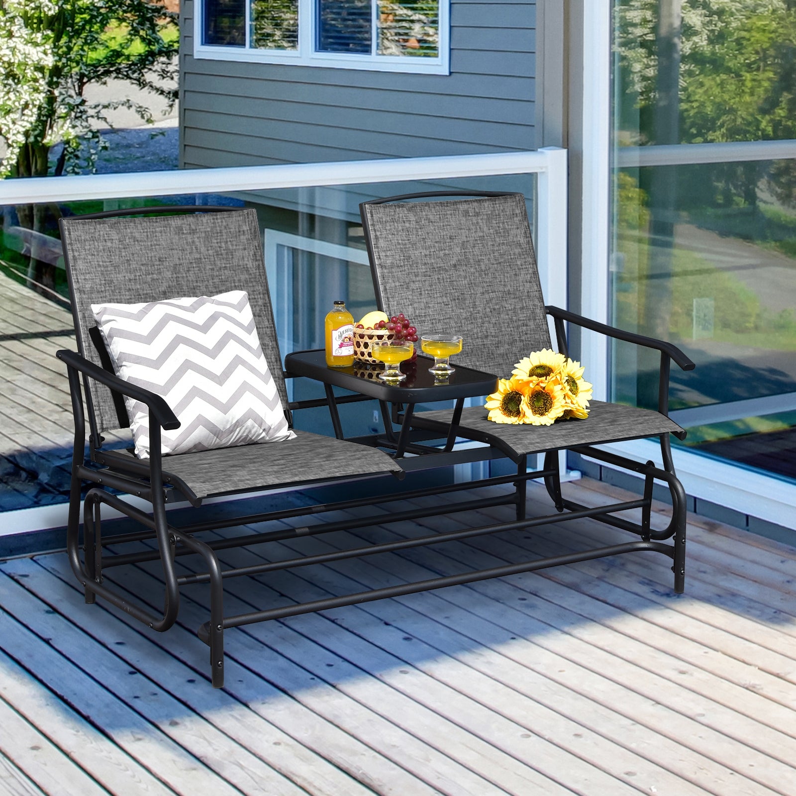 2-Person Double Rocking Loveseat with Mesh Fabric and Center Tempered Glass Table-GrayÂ