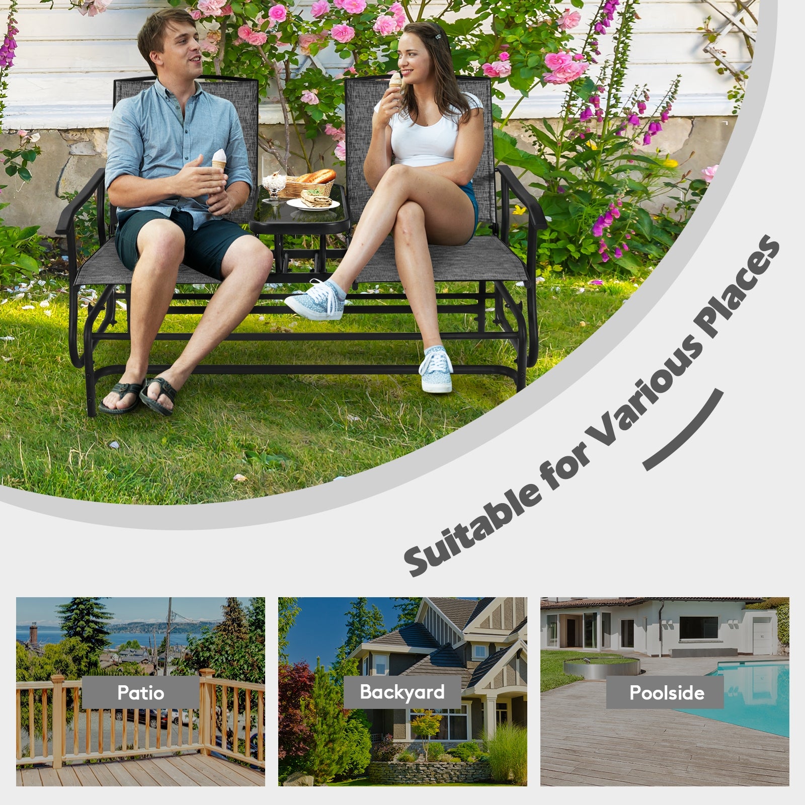 2-Person Double Rocking Loveseat with Mesh Fabric and Center Tempered Glass Table-GrayÂ