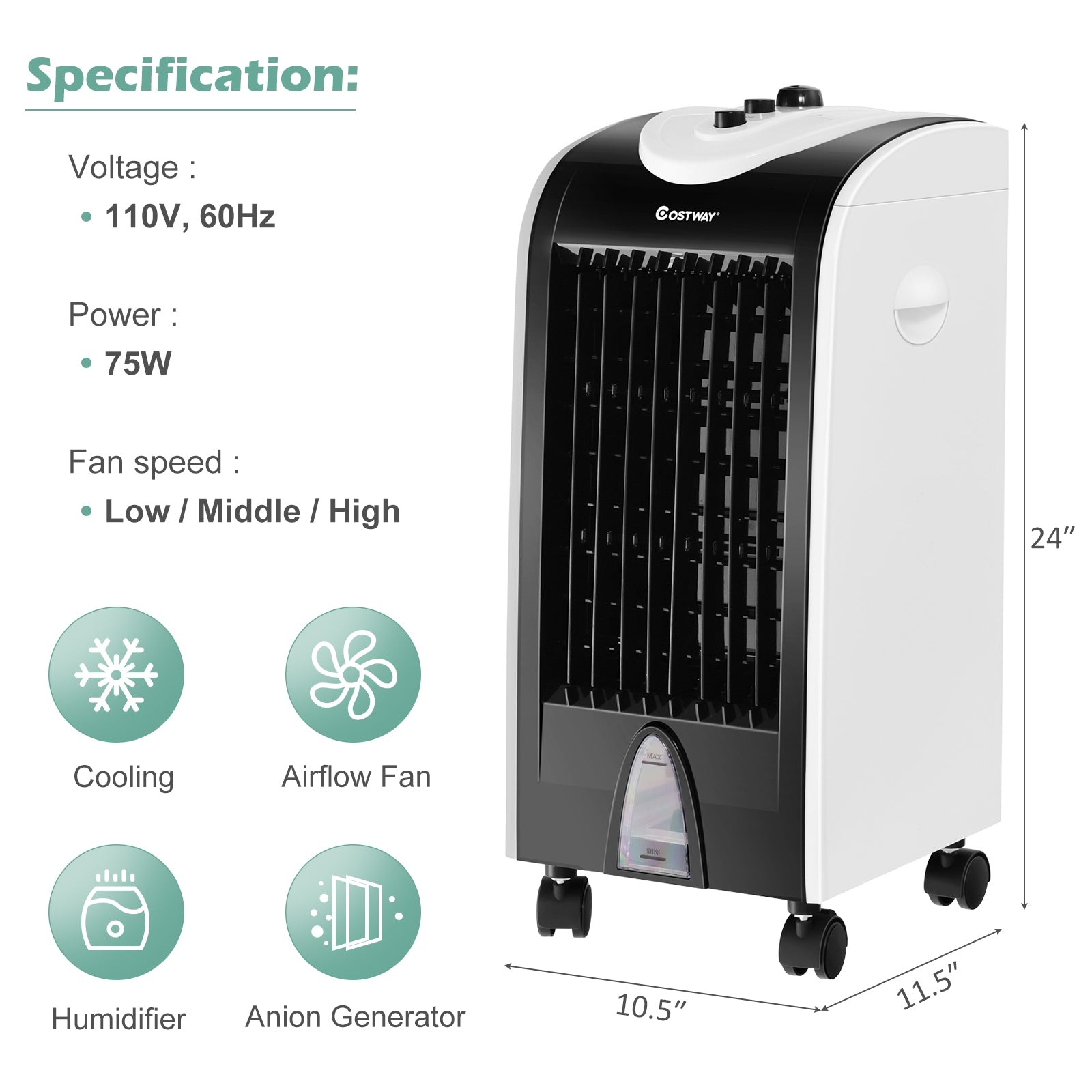 3-in-1 Portable Evaporative Air Cooler with Filter Knob for IndoorÂ