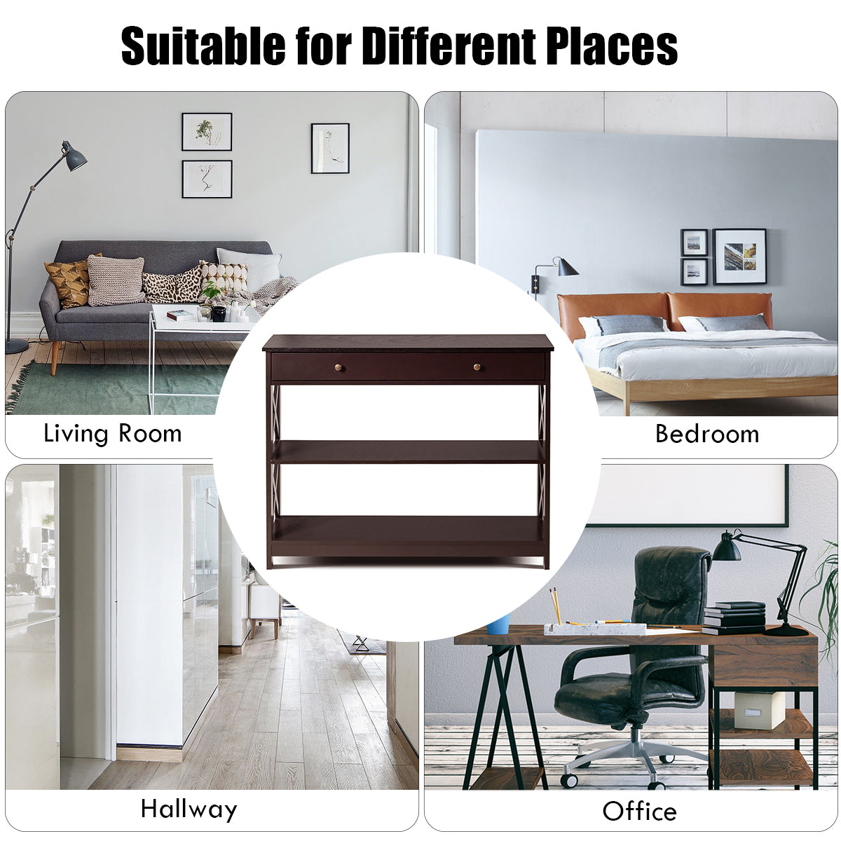 Console Table 3-Tier with Drawer and Storage Shelves-Dark BrownÂ