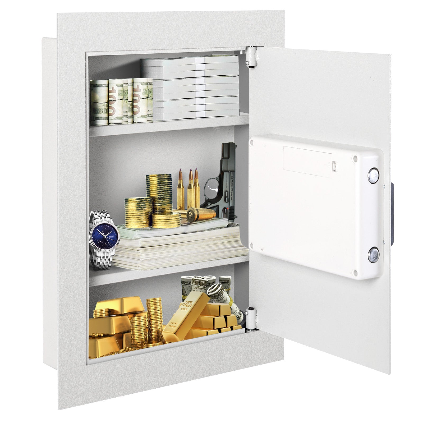Digital Flat Recessed Wall Safe Security Lock Gun Cash Box-WhiteÂ