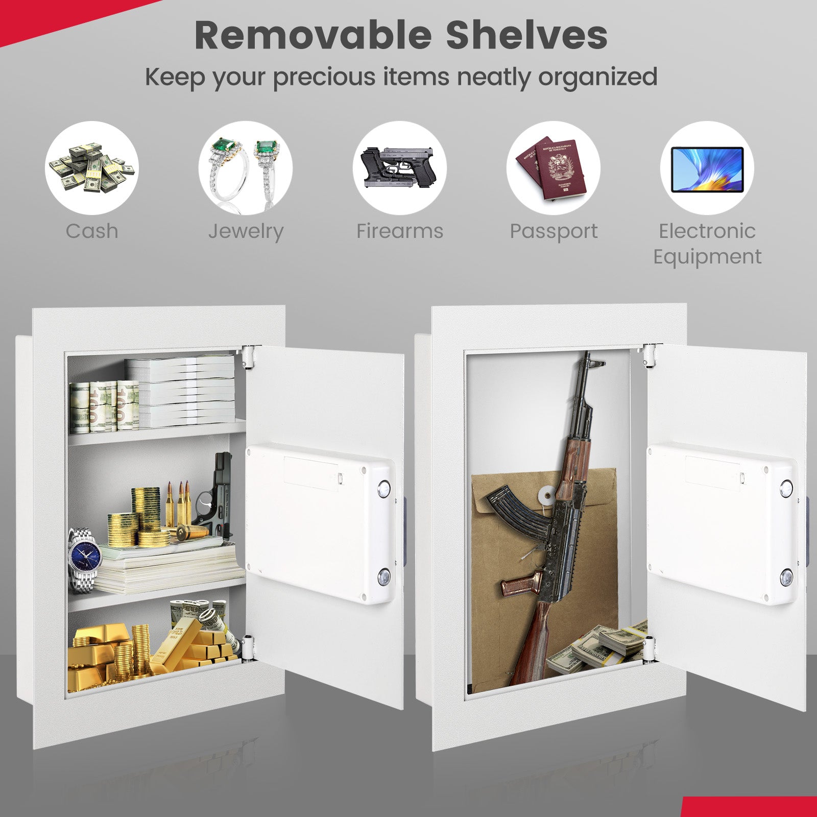Digital Flat Recessed Wall Safe Security Lock Gun Cash Box-WhiteÂ