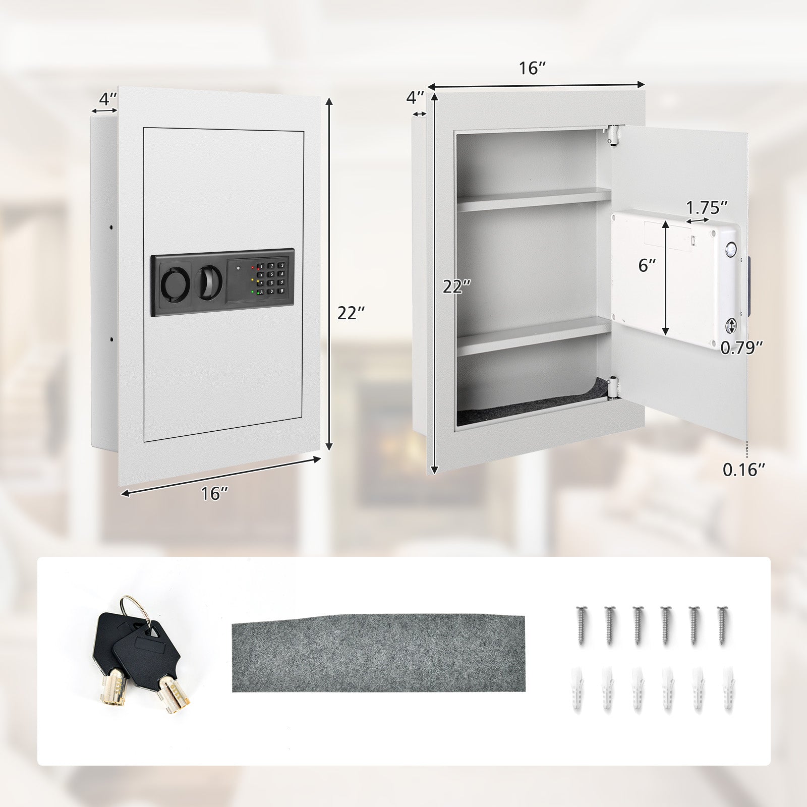 Digital Flat Recessed Wall Safe Security Lock Gun Cash Box-WhiteÂ