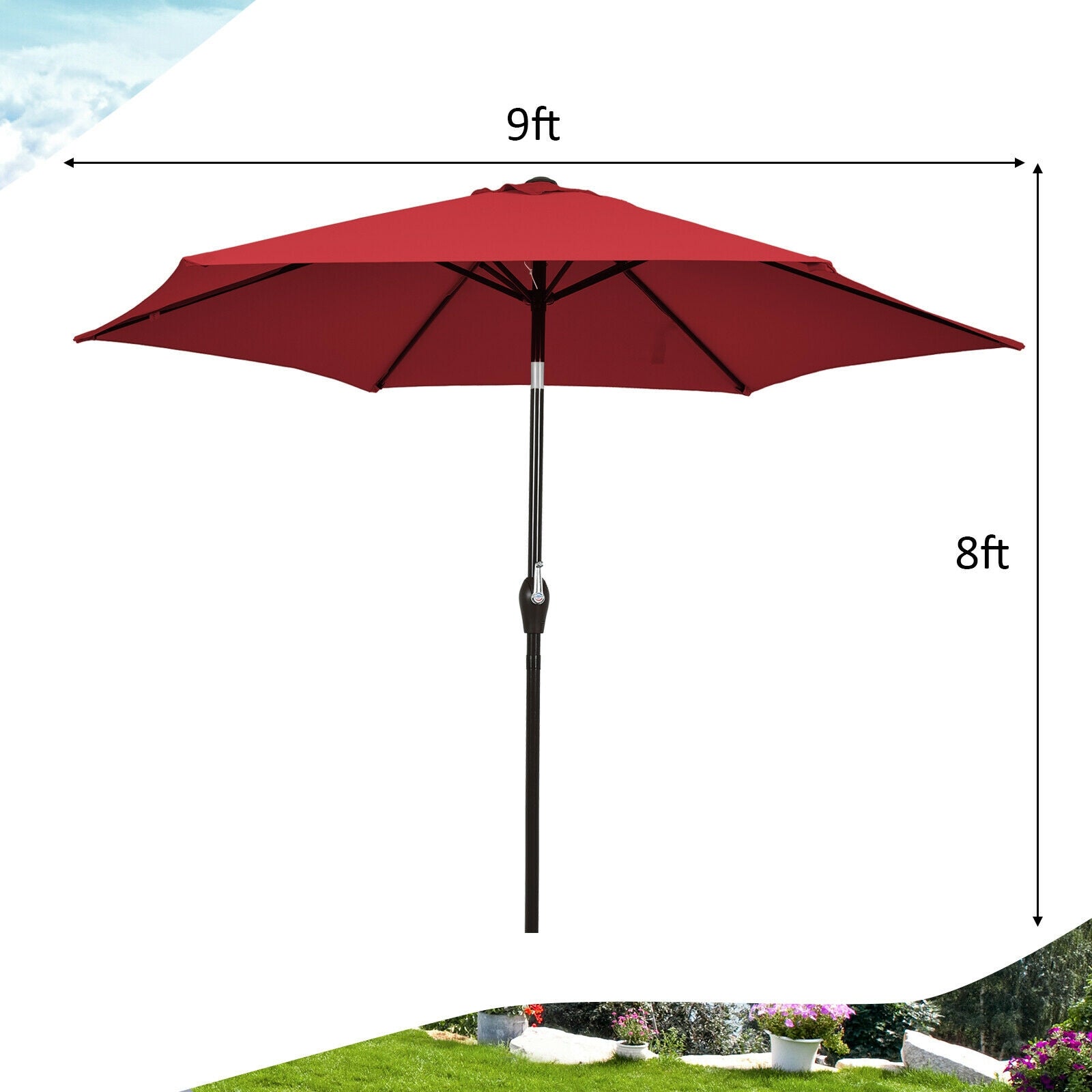 9FT Patio Umbrella Patio Market Steel Tilt W/ Crank Outdoor Yard Garden-BurgundyÂ