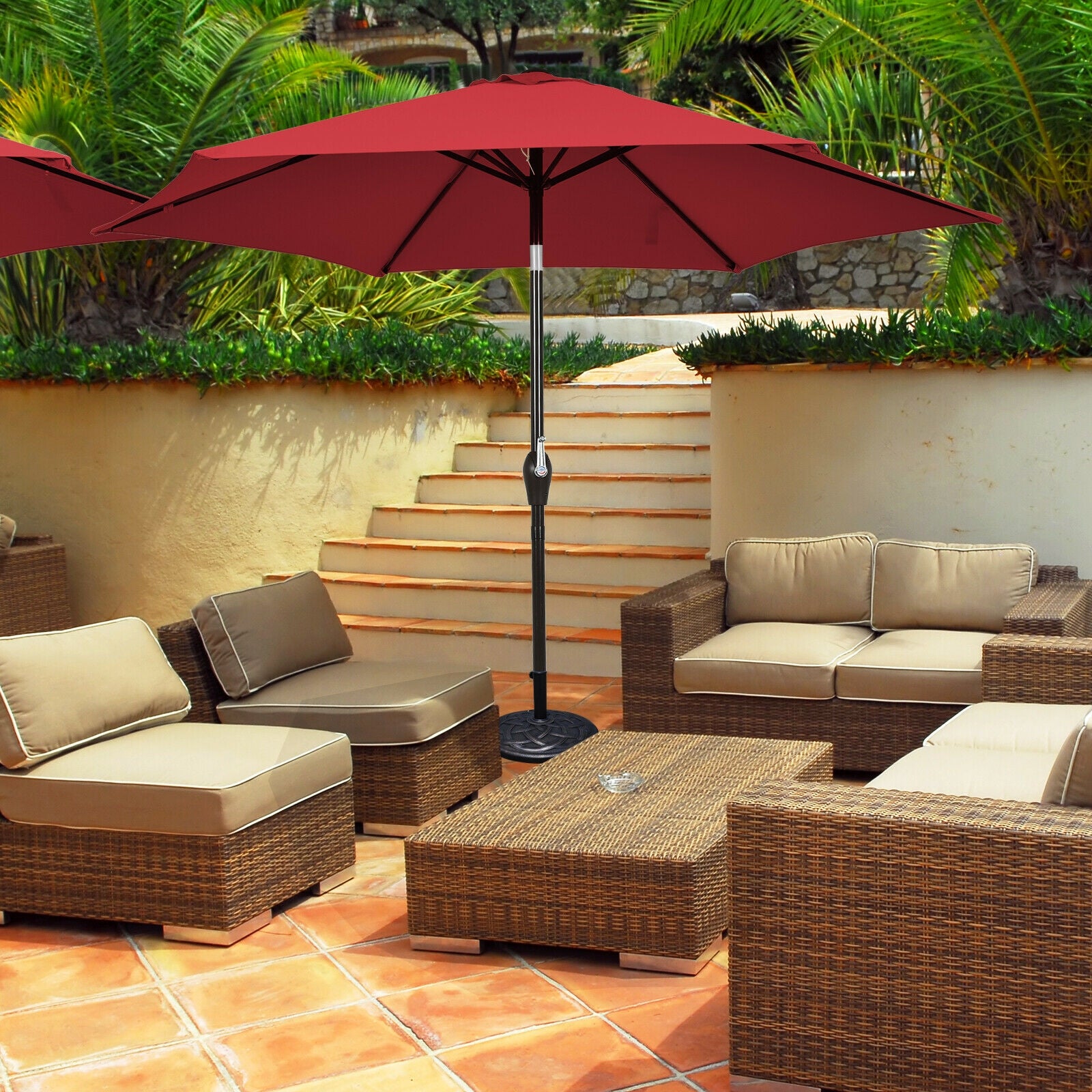 9FT Patio Umbrella Patio Market Steel Tilt W/ Crank Outdoor Yard Garden-BurgundyÂ