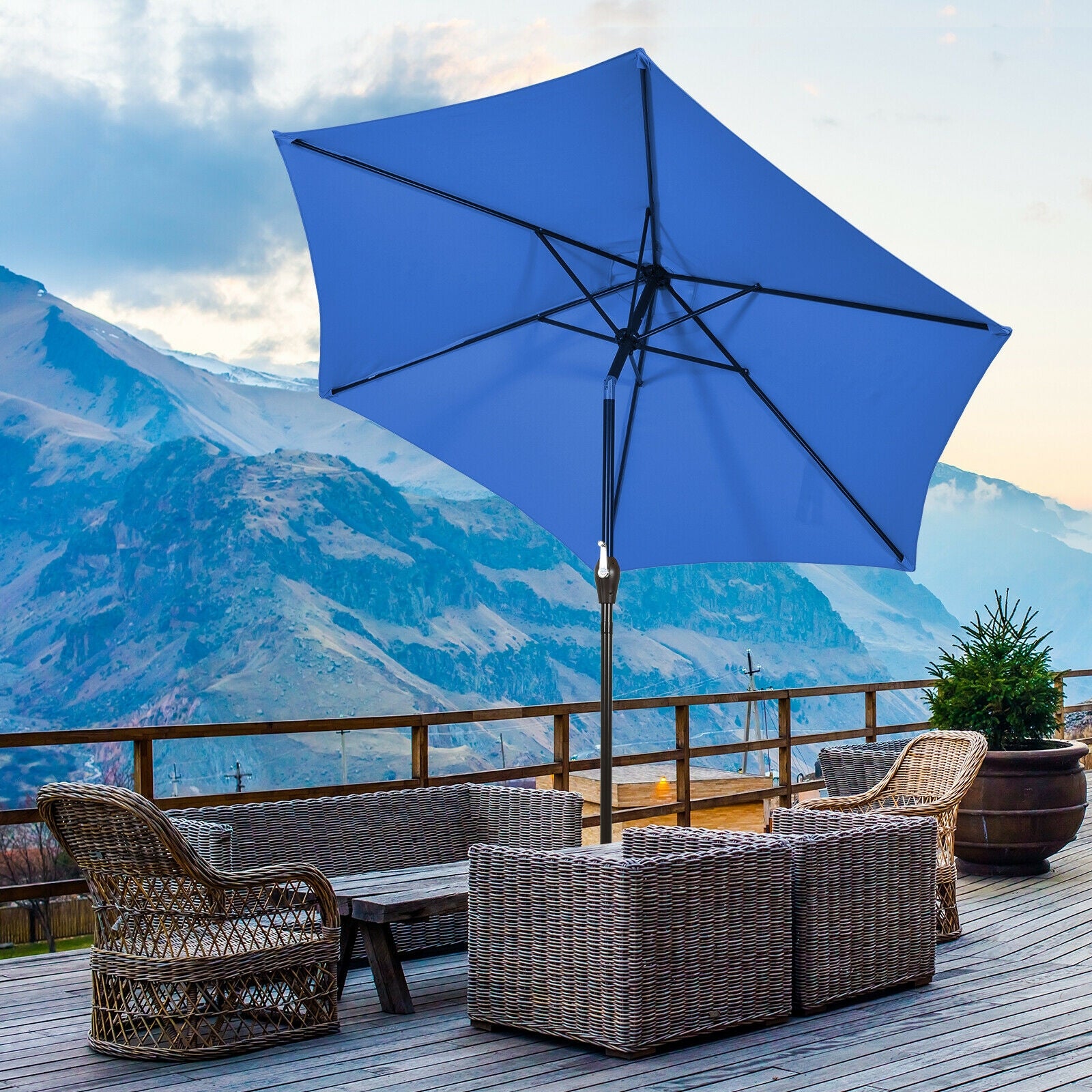 9ft Patio Market Table Umbrella with Push Button Tilt and Crank-BlueÂ