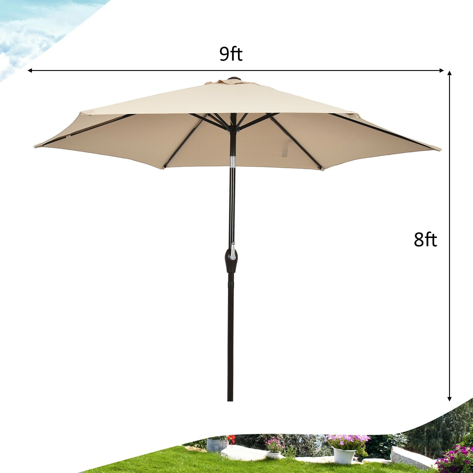 9FT Patio Umbrella Patio Market Steel Tilt W/ Crank Outdoor Yard Garden-beigeÂ