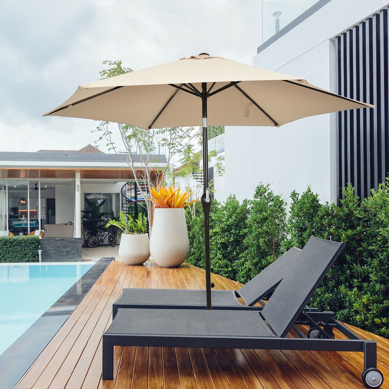 9FT Patio Umbrella Patio Market Steel Tilt W/ Crank Outdoor Yard Garden-beigeÂ