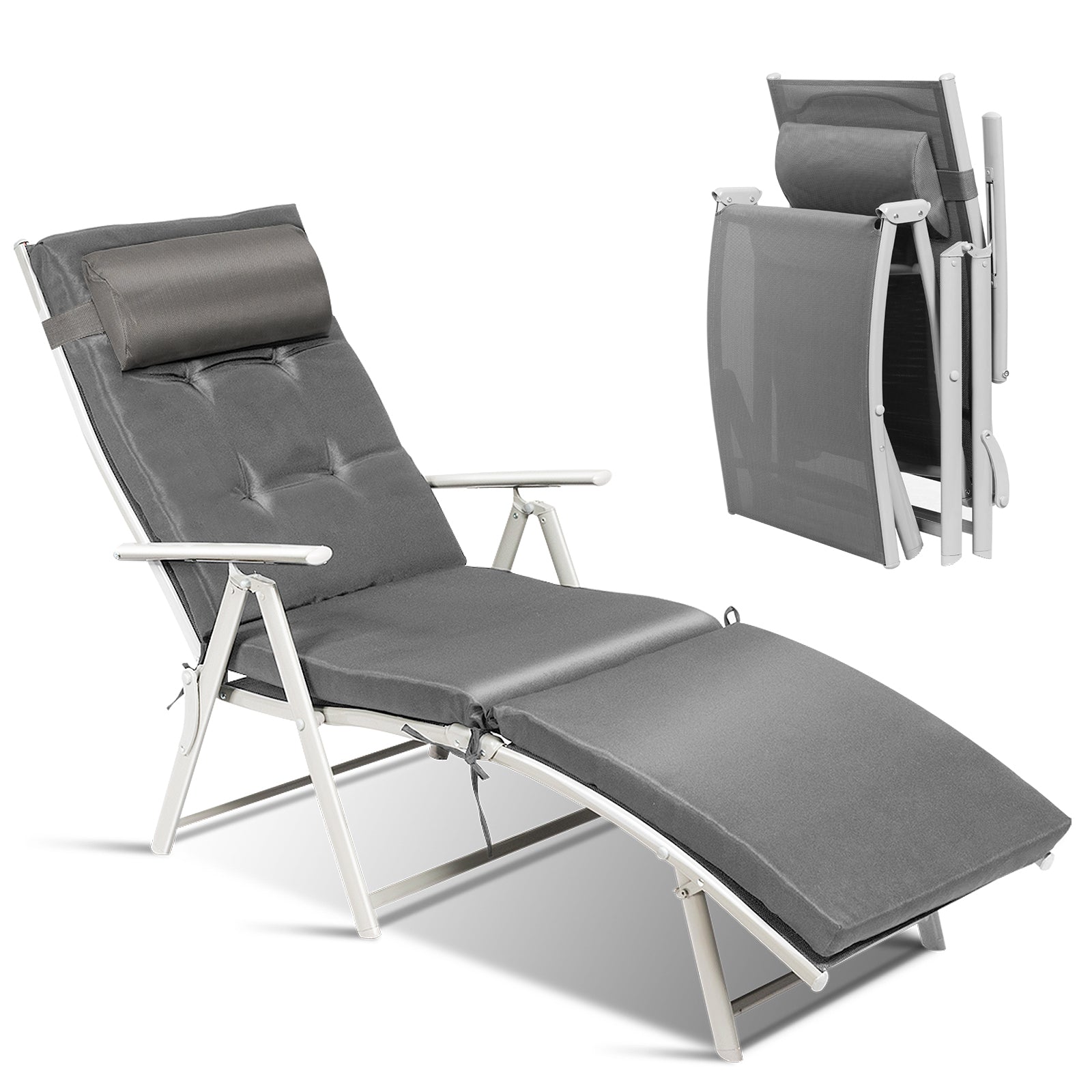 Adjustable Outdoor Lightweight Folding Chaise Lounge Chair with Pillow-GrayÂ