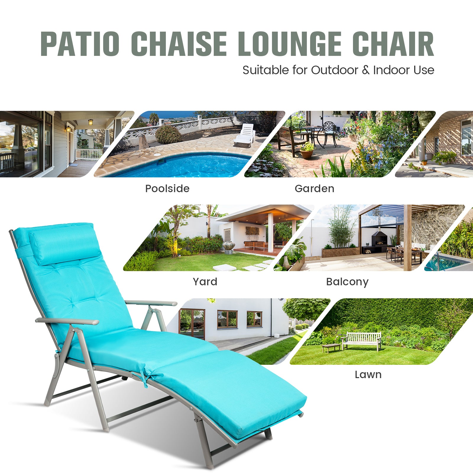 Adjustable Outdoor Lightweight Folding Chaise Lounge Chair with Pillow-BlueÂ