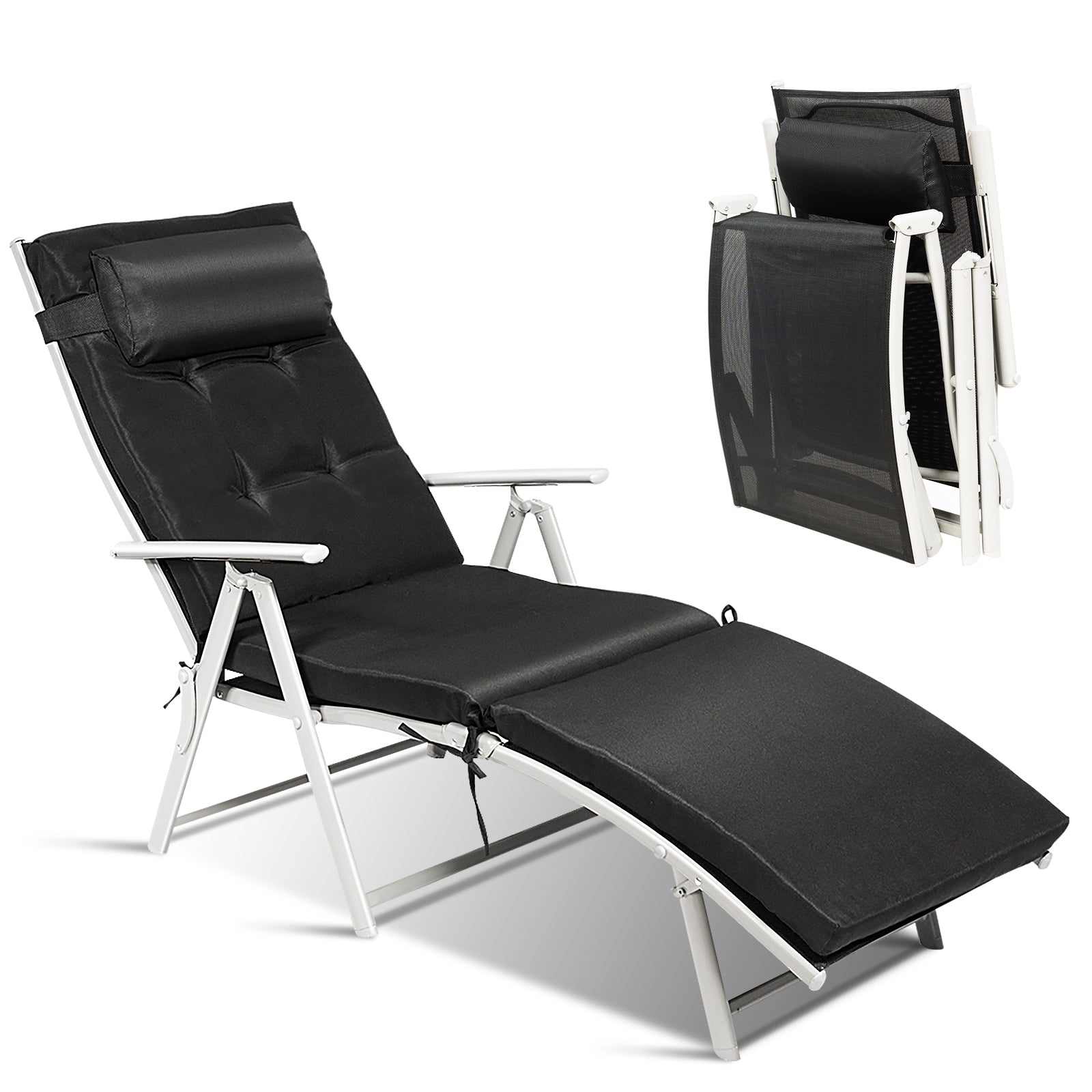 Adjustable Outdoor Lightweight Folding Chaise Lounge Chair with Pillow-BlackÂ