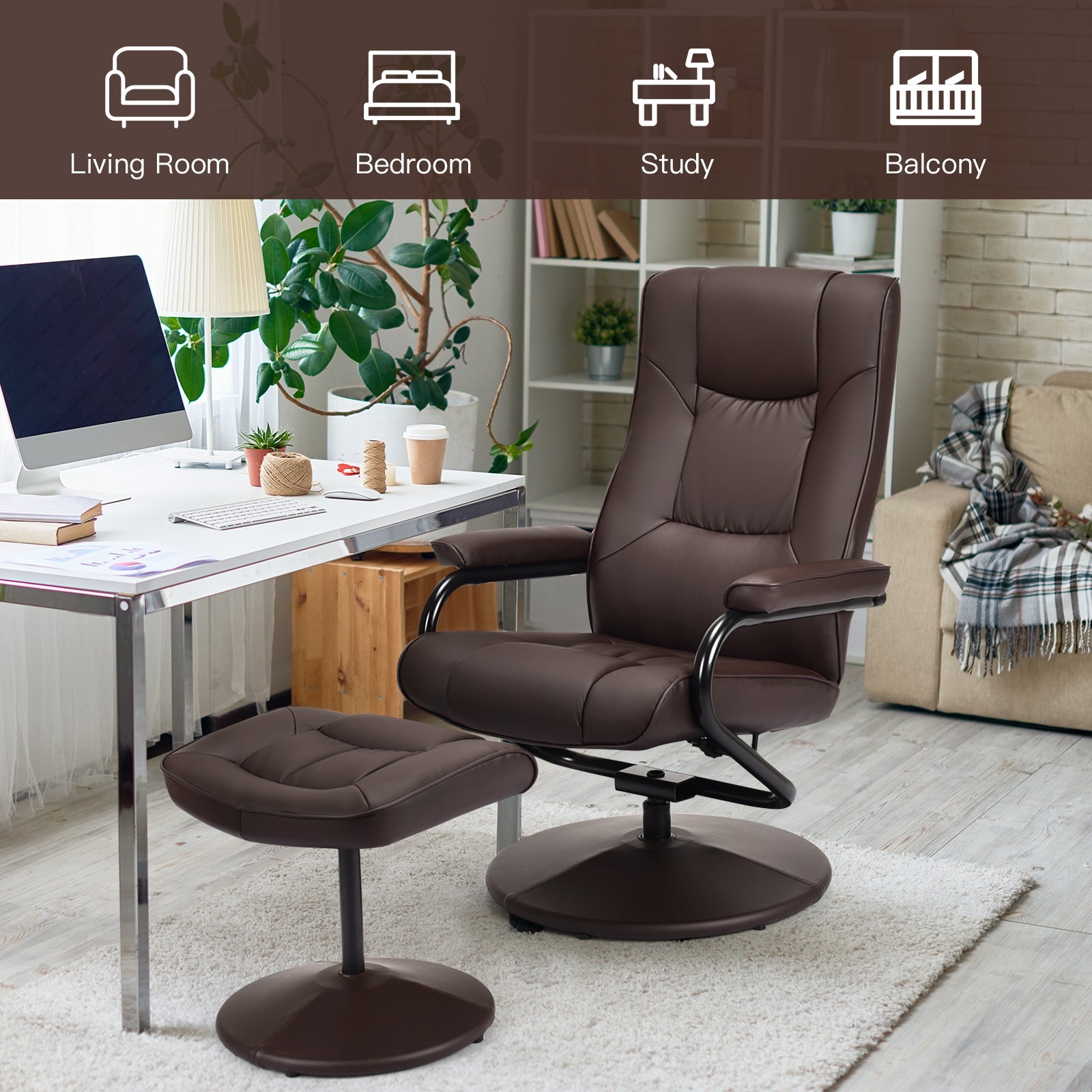 Swivel Lounge Chair Recliner with Ottoman-BrownÂ