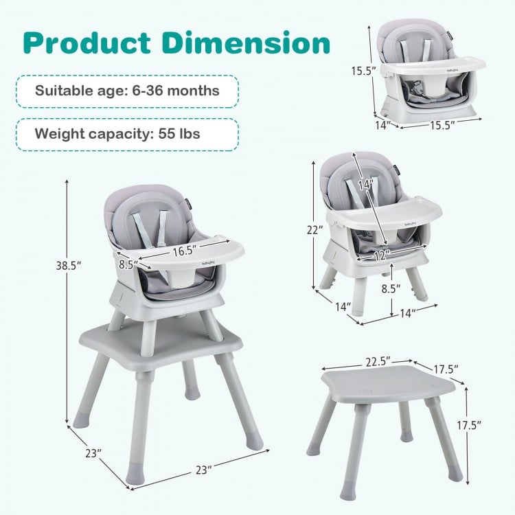 6-in-1 Convertible Baby High Chair with Adjustable Removable Tray-Gray