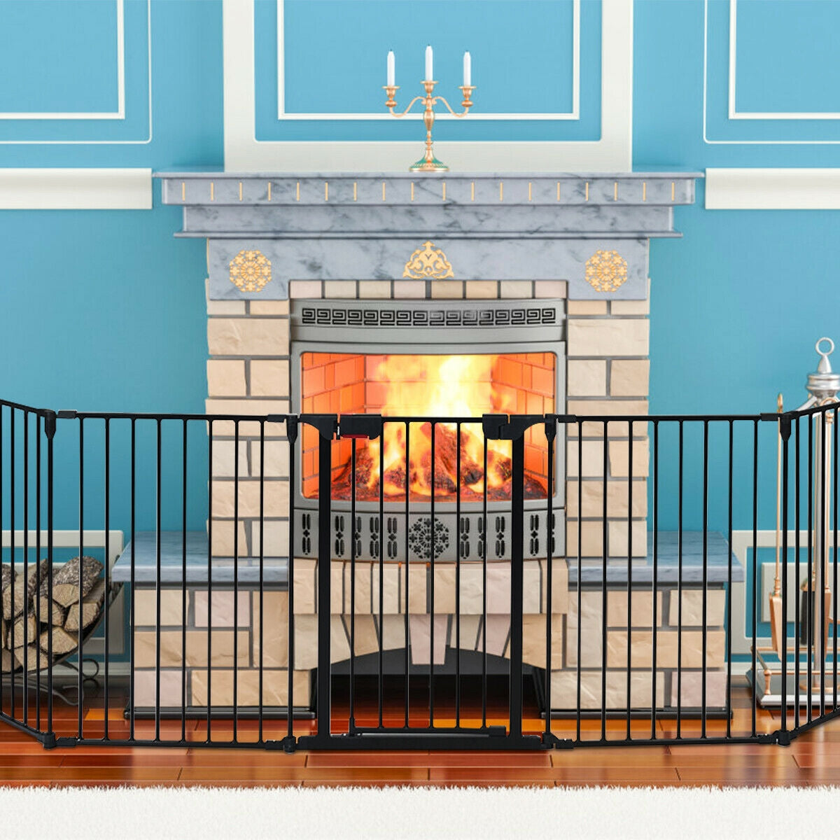 115 Inch Length 5 Panel Adjustable Wide Fireplace Fence-BlackÂ