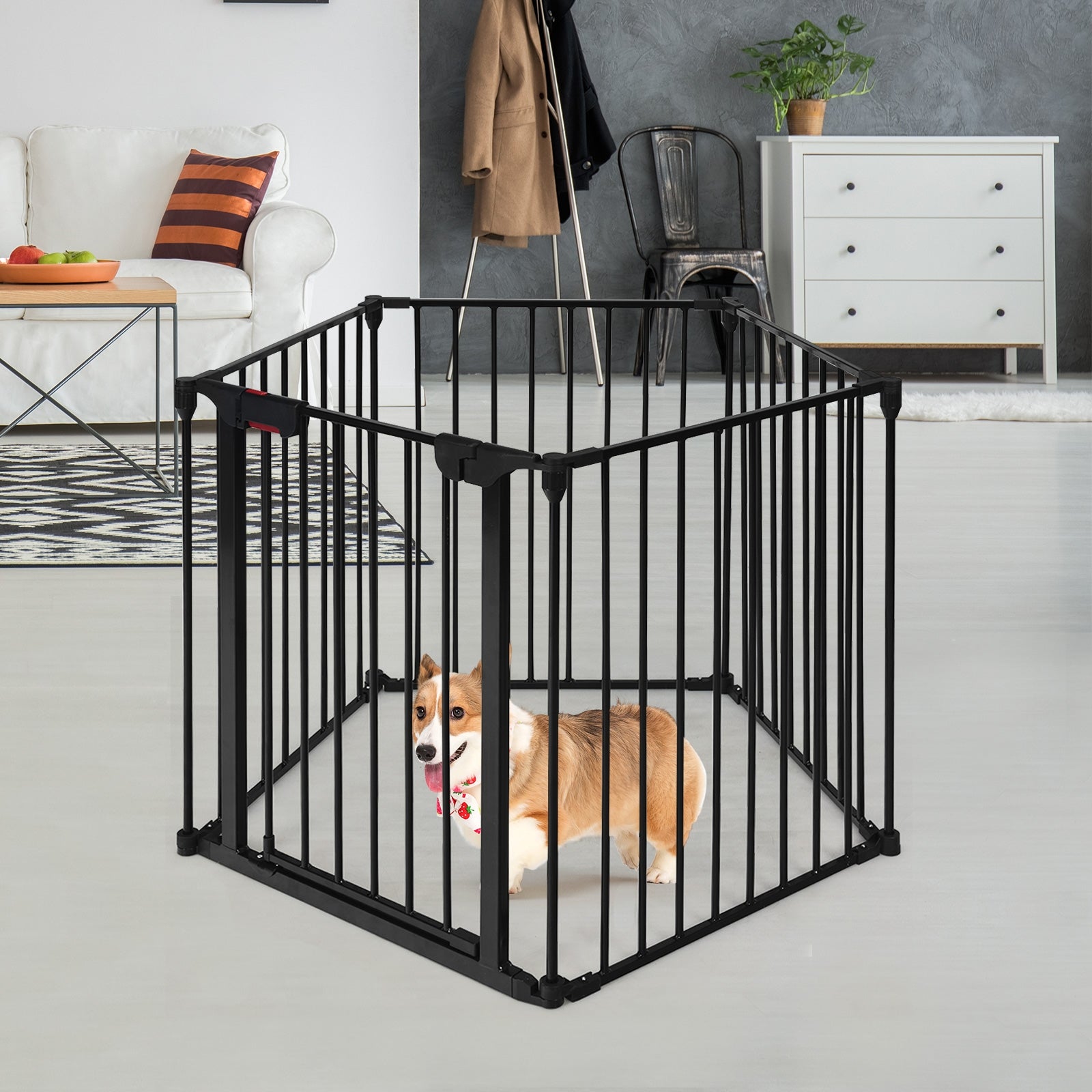 115 Inch Length 5 Panel Adjustable Wide Fireplace Fence-BlackÂ