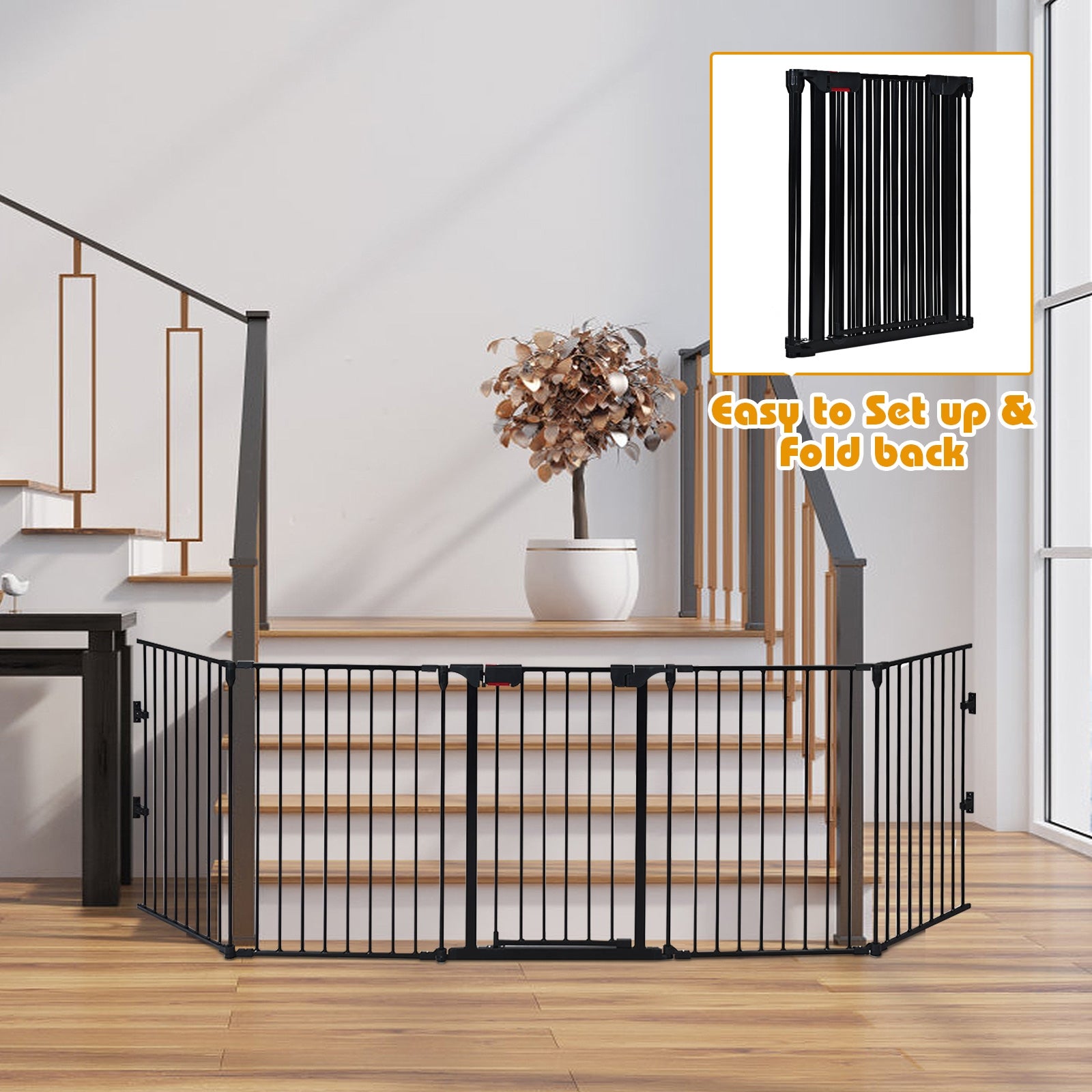 115 Inch Length 5 Panel Adjustable Wide Fireplace Fence-BlackÂ