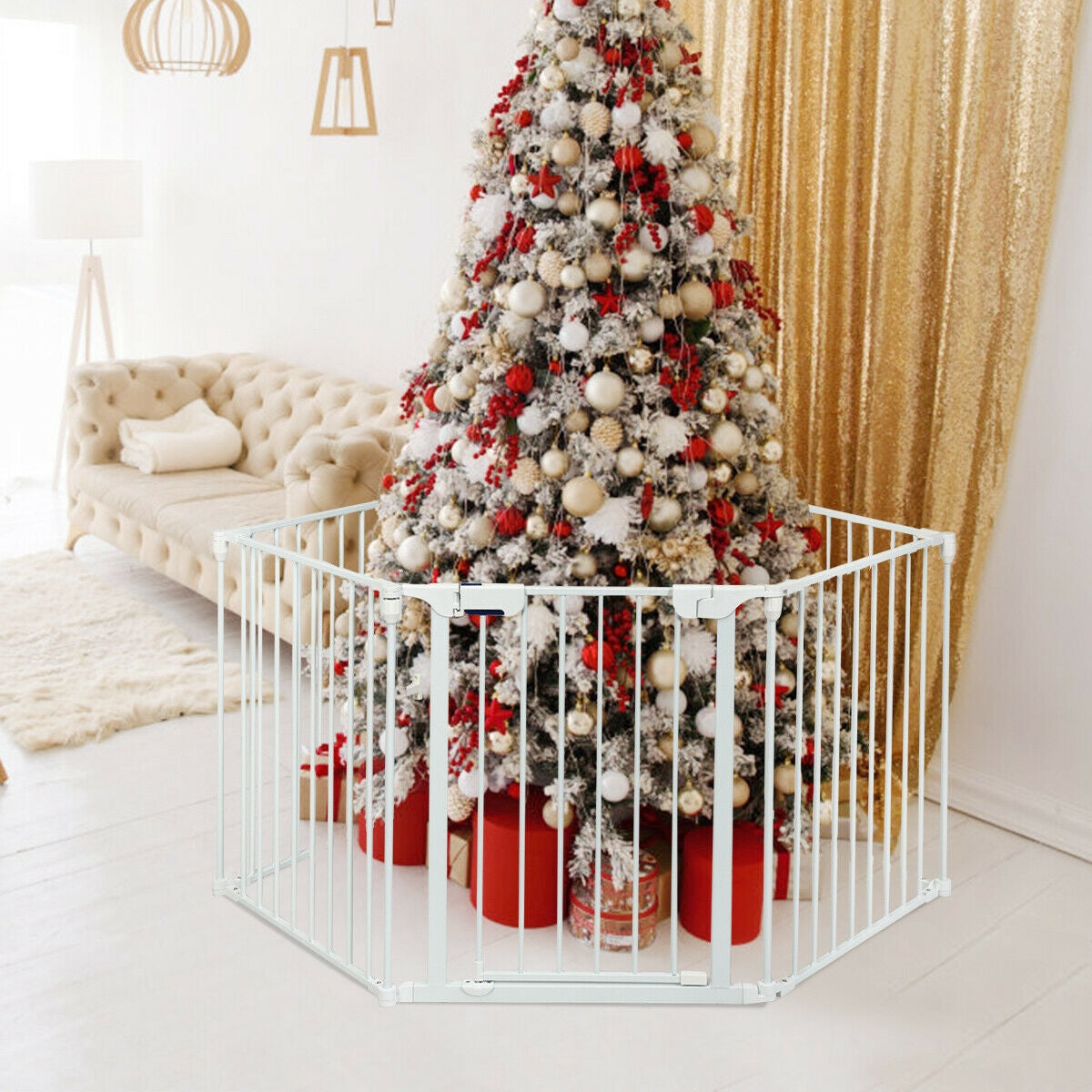 115 Inch Length 5 Panel Adjustable Wide Fireplace Fence-WhiteÂ