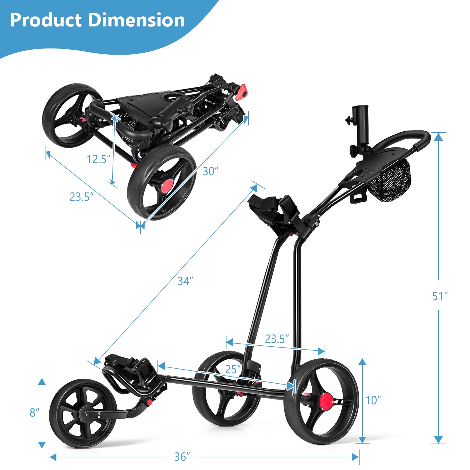 3 Wheel Durable Foldable Steel Golf Cart with Mesh BagÂ