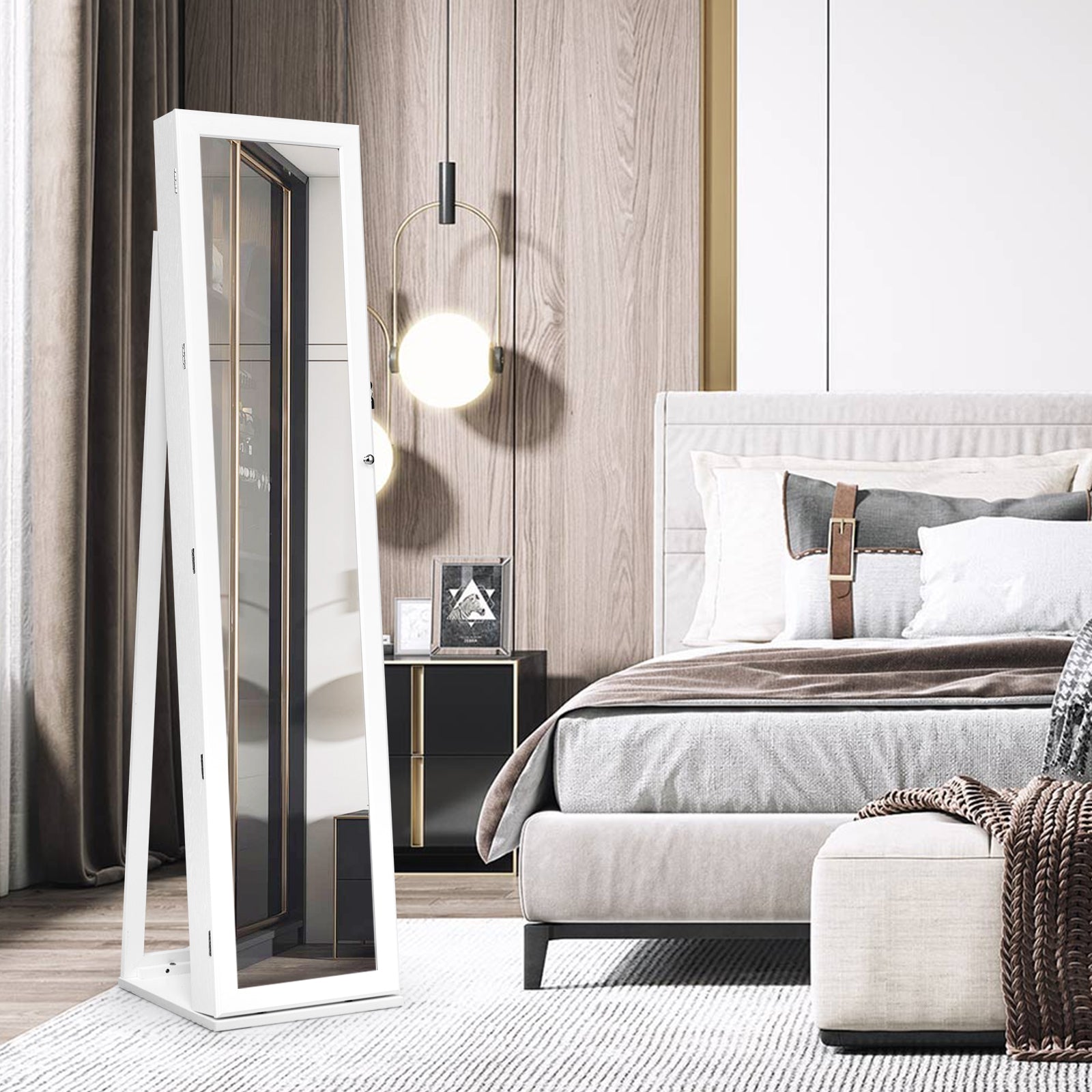 Lockable Freestanding Jewelry Armoire with Full Length Mirror-WhiteÂ