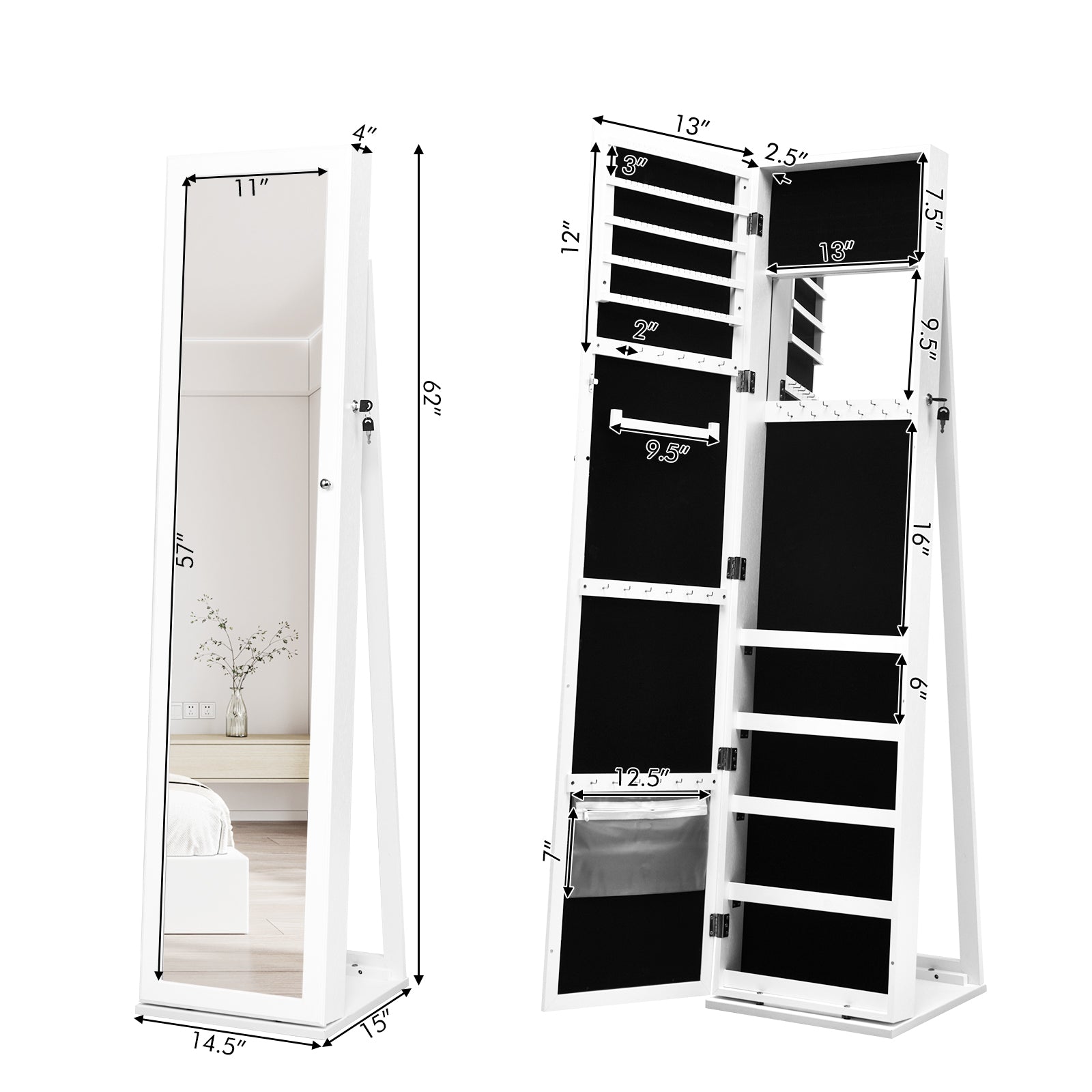 Lockable Freestanding Jewelry Armoire with Full Length Mirror-WhiteÂ