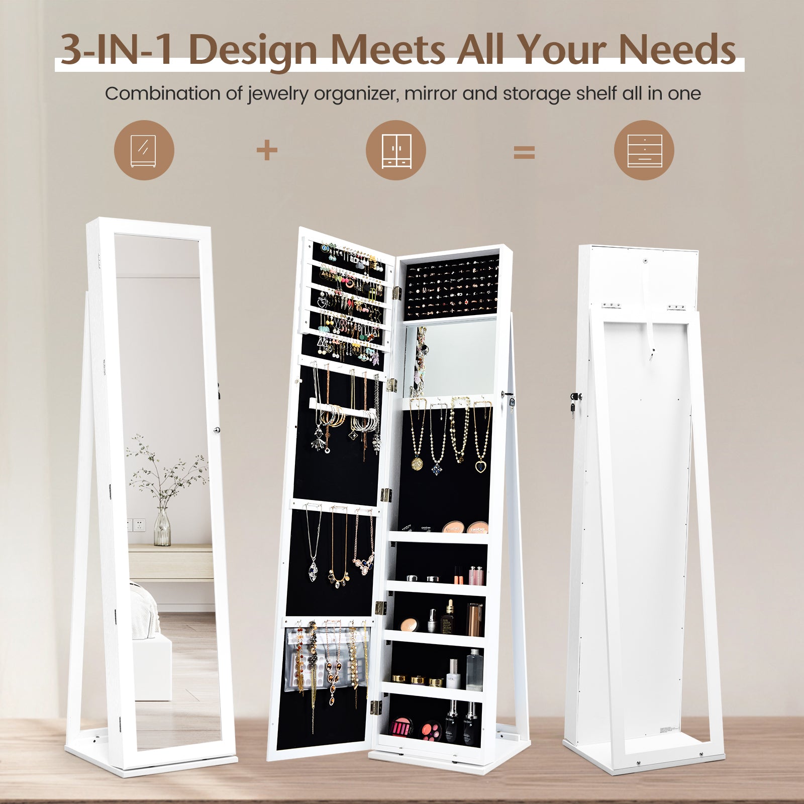 Lockable Freestanding Jewelry Armoire with Full Length Mirror-WhiteÂ