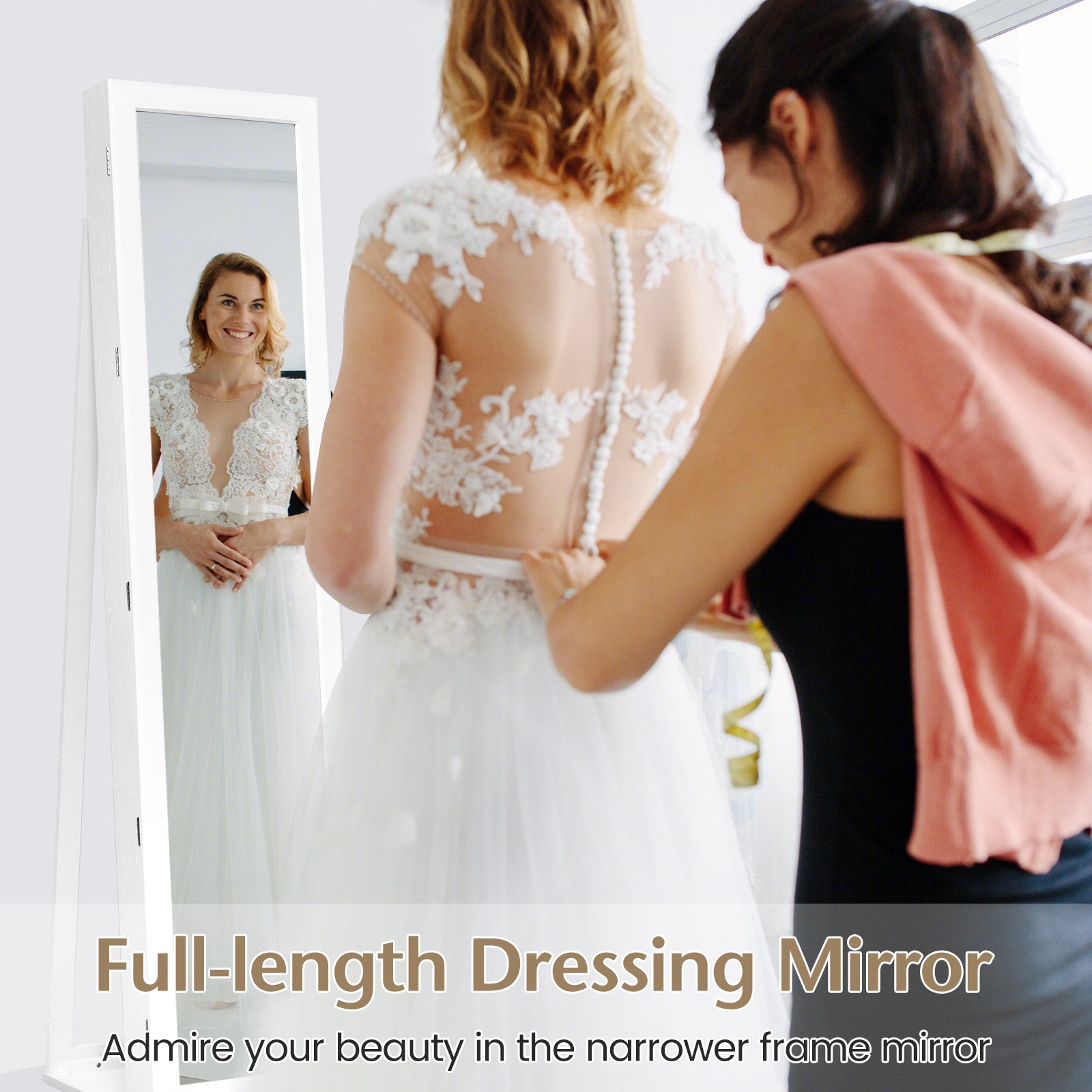 Lockable Freestanding Jewelry Armoire with Full Length Mirror-WhiteÂ