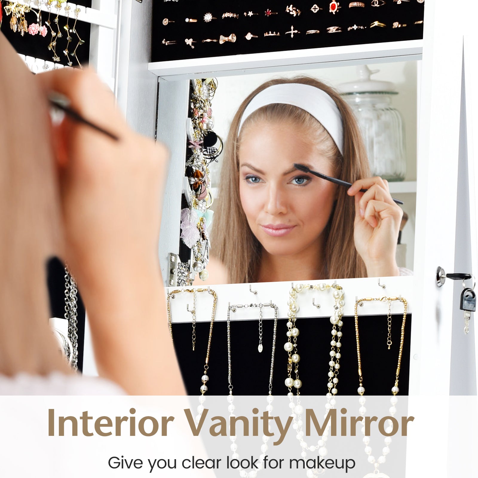 Lockable Freestanding Jewelry Armoire with Full Length Mirror-WhiteÂ