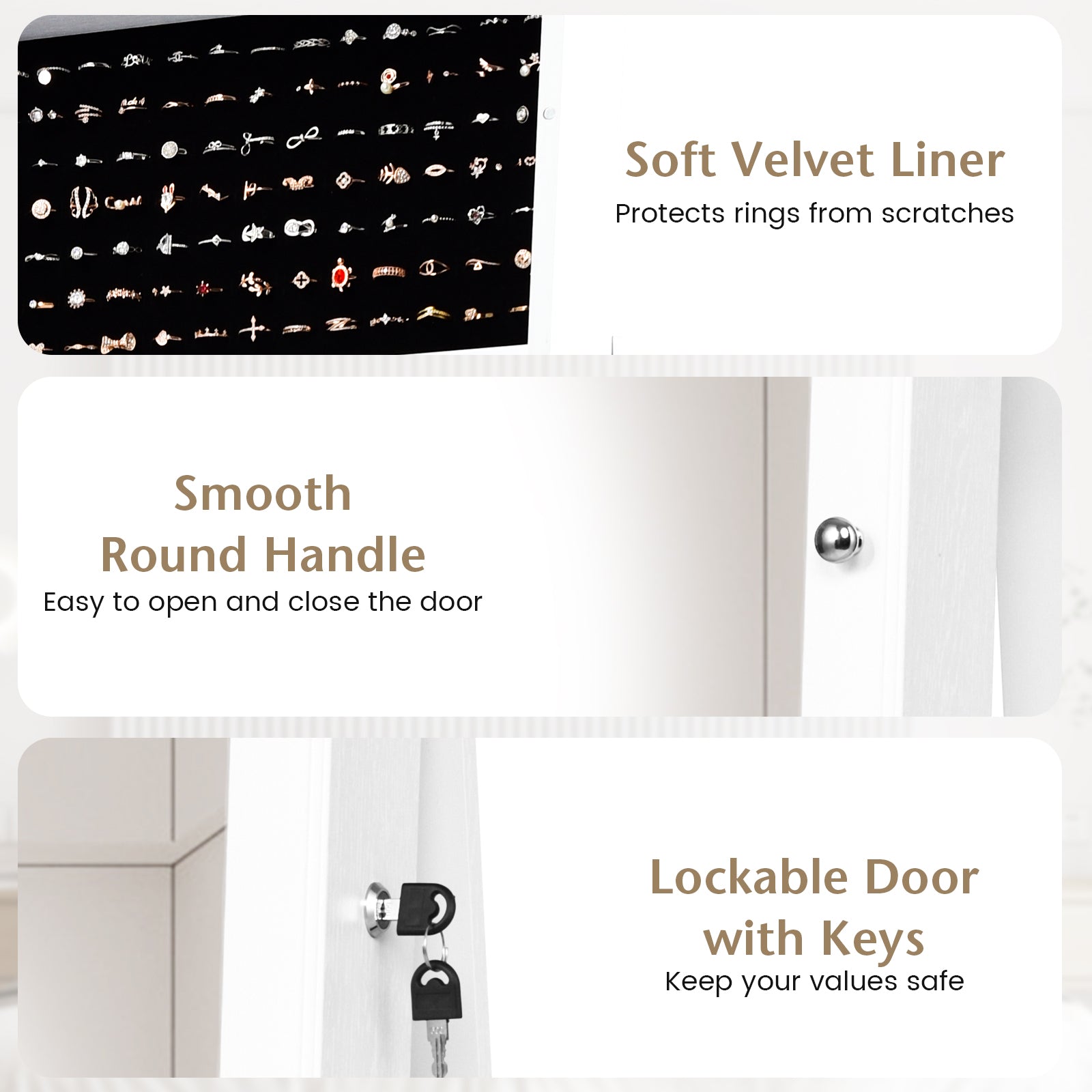 Lockable Freestanding Jewelry Armoire with Full Length Mirror-WhiteÂ