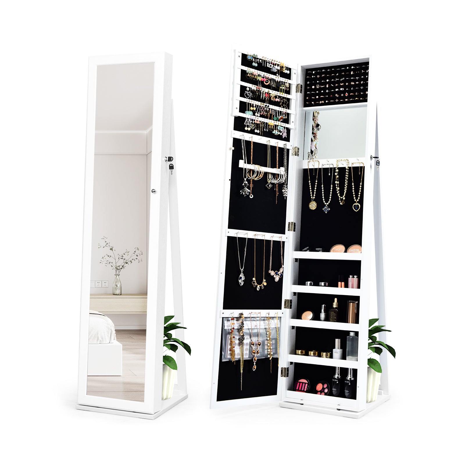 Lockable Freestanding Jewelry Armoire with Full Length Mirror-WhiteÂ